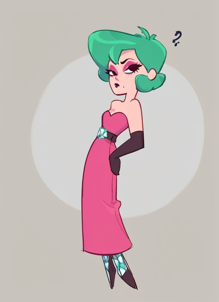 score_9, score_8_up, score_7_up,   <lora:bslola:1> 1 girl ,short hair  , bslola ,green hair  , pink dress    eyeshadow ,mole under mouth ,  cleavage    ,bare shoulders  ,  Elbow Gloves , solo  , strapless dress , lipstick,   ,belt  ,  cleavage, bare shoulders  , Bow on the back    , full body,   looking at viewer,   confused,  full body,   <lora:SyrupyyyArt:1>syrupyyy