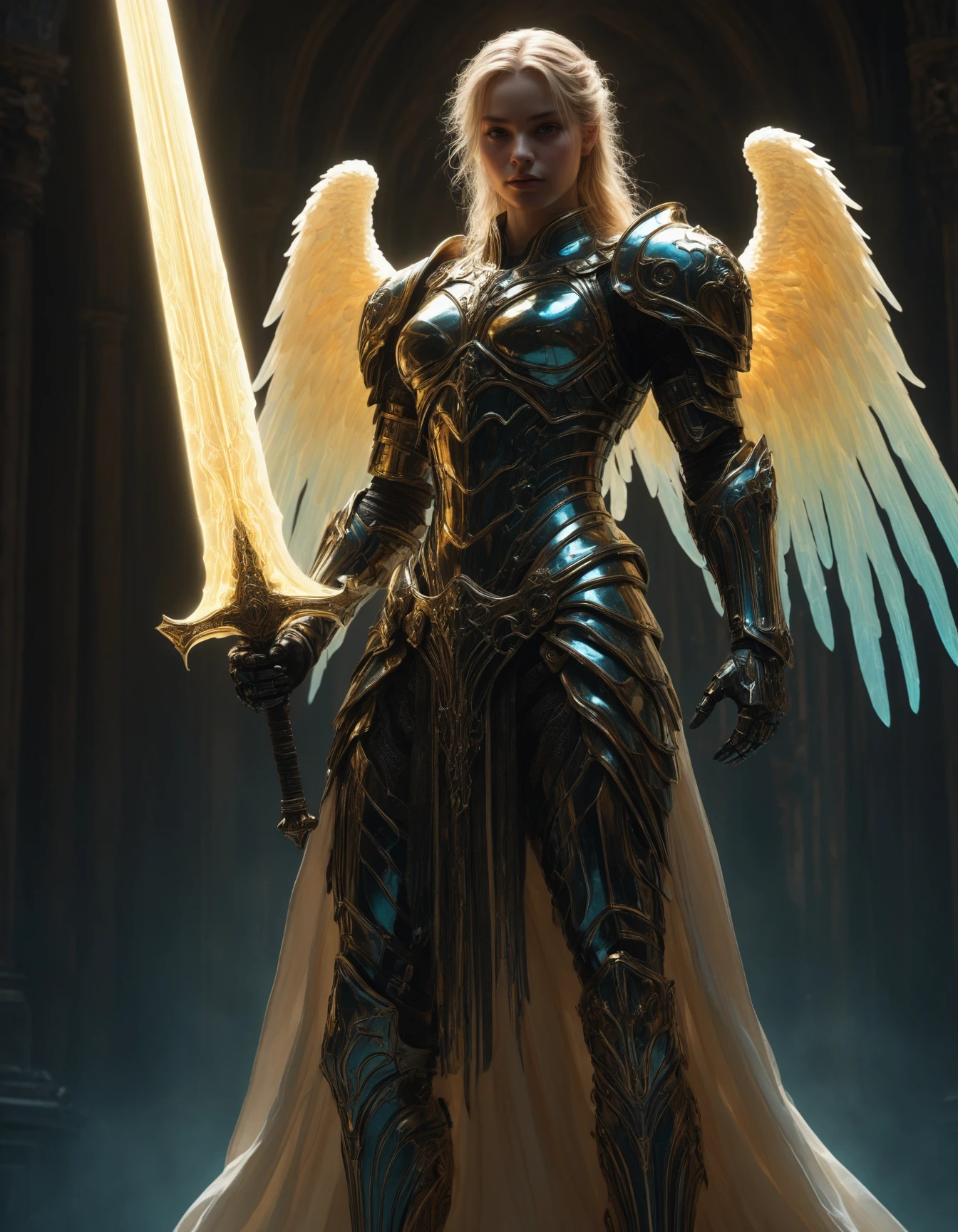 artiangel, full body view, (angelic, gothic, glowing, translucent, bioluminescent, imposing, ethereal, armored:1.5), holding a huge glowing sword, poster art, bold lines, hyper detailed, expressive,  award winning,  (movie still:1.4), (professional, finest details, masterpiece, best quality:1.5), looking at viewer, dynamic pose, wide angle view
<lora:artiangel:0.5>