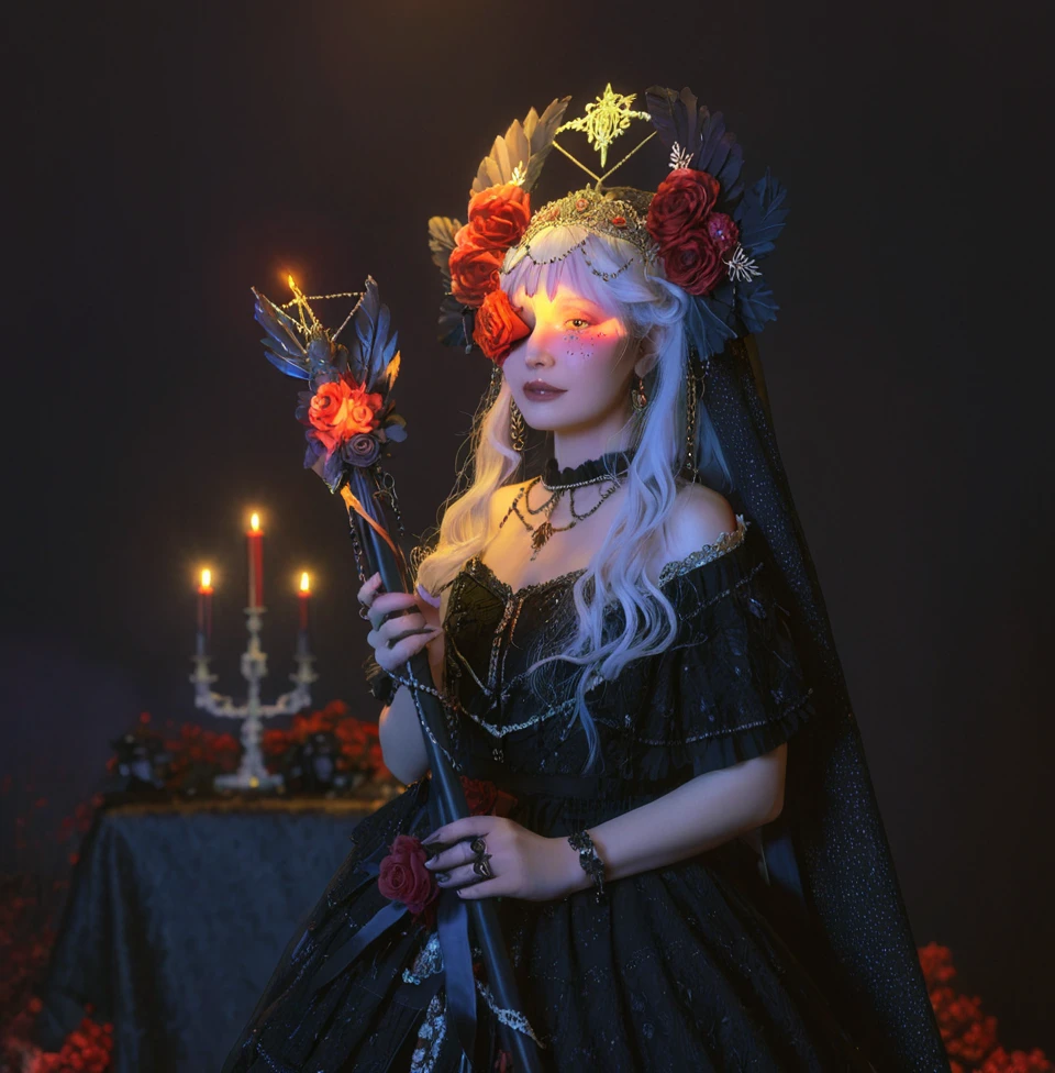 (A crow stands on the woman's shoulder:1.5),gothic girl,1girl,red flower,solo,flower,dress,ring,black dress,jewelry,red rose,candle,rose,glowing,long hair,holding,veil,hat,white hair,wand,hair ornament,hair flower,off-shoulder dress,looking at viewer,off shoulder,glowing eyes,facial mark,nail polish,exquisite makeup,gothic-style clothing,the refracted sunlight shines on the face and hands,the refracted sunlight shines on the face,rose scepter,<lora:ä¹é¸¦å°å¥³-000004:0.4>,kind_smile,(path),nature,sea,