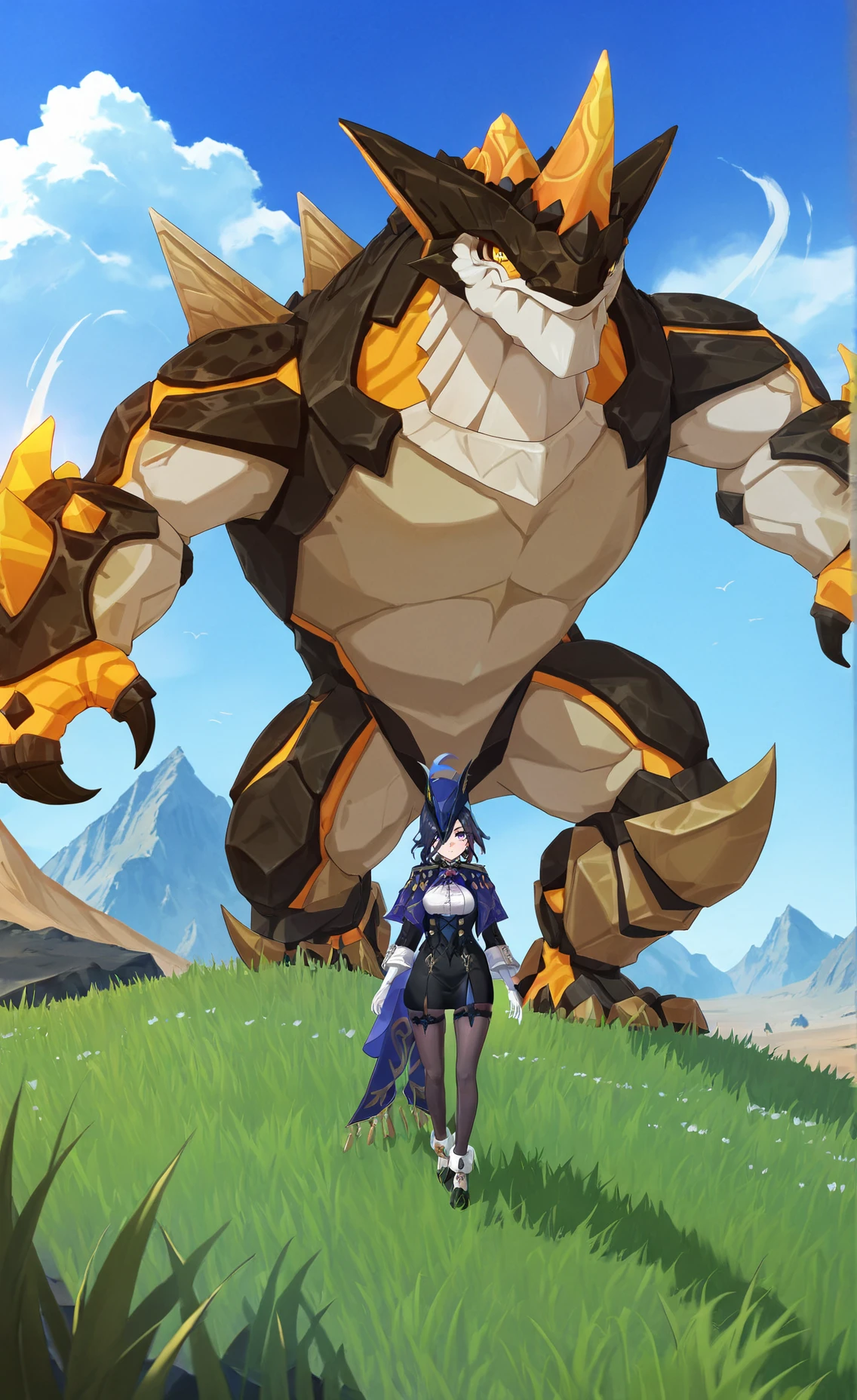 Female Dragon.spider element. Furry woman. Compound eye. Anime style.