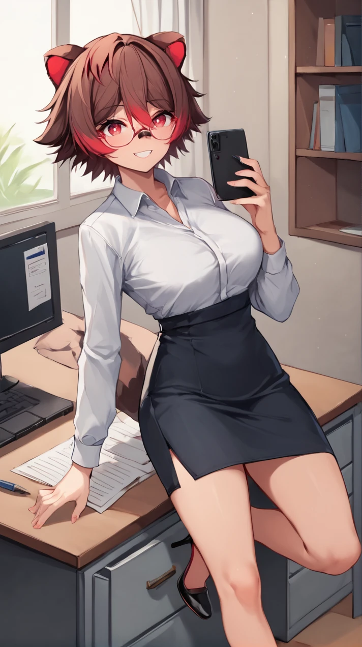 <lora:RakkunXL:1> rakkun, brown hair, multicolored hair, animal ears, red hair, short hair, red eyes, bandaid on face, bandaid on nose, bangs, bandaid, raccoon ears, hair between eyes, streaked hair,
(office setting:1.2), (secretary:1.1), (desk:1.1), (computer:1.1), (phone:1.1), (notepad:1.1), (pen:1.1), (filing cabinet:1.1), (organized:1.1), (professional attire:1.1), (high heels:1.1), (glasses:1.1), (smiling expression:1.1), (well-lit:1.1), (high-resolution digital illustration:1.1), (clear outlines:1.1), (vibrant colors:1.1), (emotion-focused:1.1), (anime dynamics:1.1), (dramatic effect:1.1), (contrast shading:1.1), (high detail:1.1), (focused gaze:1.1), (indoor lighting:1.1), (nuanced textures:1.1), score_9, score_8_up, score_7_up,1girl,solo female, epic photograpy, extremely detailed, high quality, absurd res, high res, BREAK