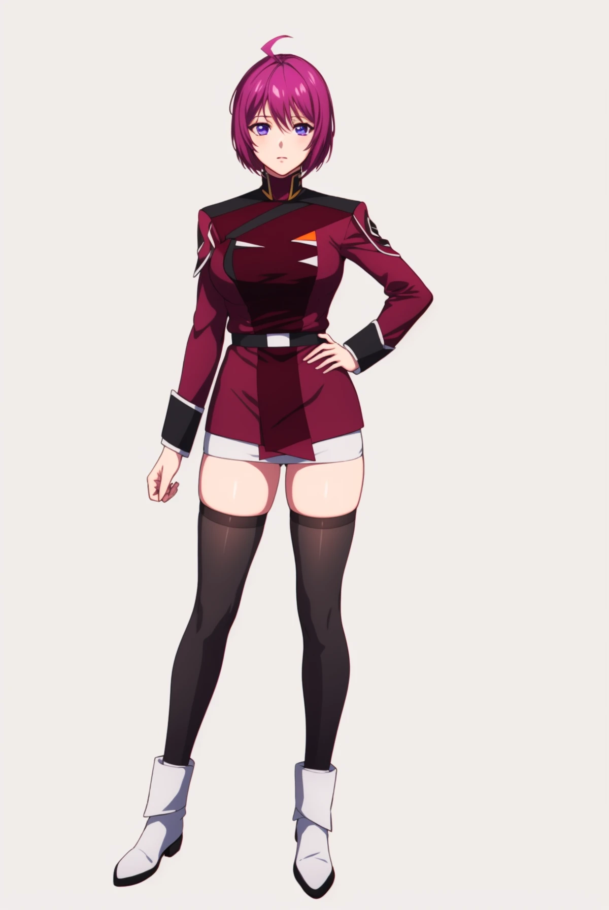 (solo:1.2),standing,full_body,(white_background:1.2),simple background, 
 <lora:Lunamariafreedom:0.9>lunamariafreedom,lunamaria hawke, (black_thighhighs:1.2),pencil_skirt,black legwear,purple_hair,ahoge,military uniform,long_sleeves,short_hair,medium_breasts,white_footwear,
<lora:Style_1990sAnimeStyleLora_1:0.25> <lora:Style_bibleBlackStyle_10:0.1>