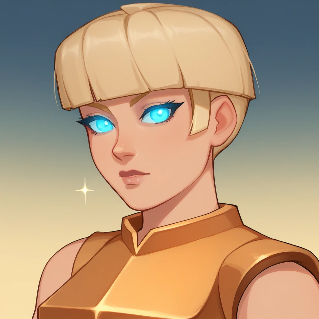 score_8_up, BREAK, ShieldMaiden, 1girl, solo, short hair, blonde hair, glowing blue eyes, gold armor, sleeveless,  <lora:ShieldMaiden_PXL_Leaf1:1>, portrait, gradient background, sparkle background, looking at viewer,