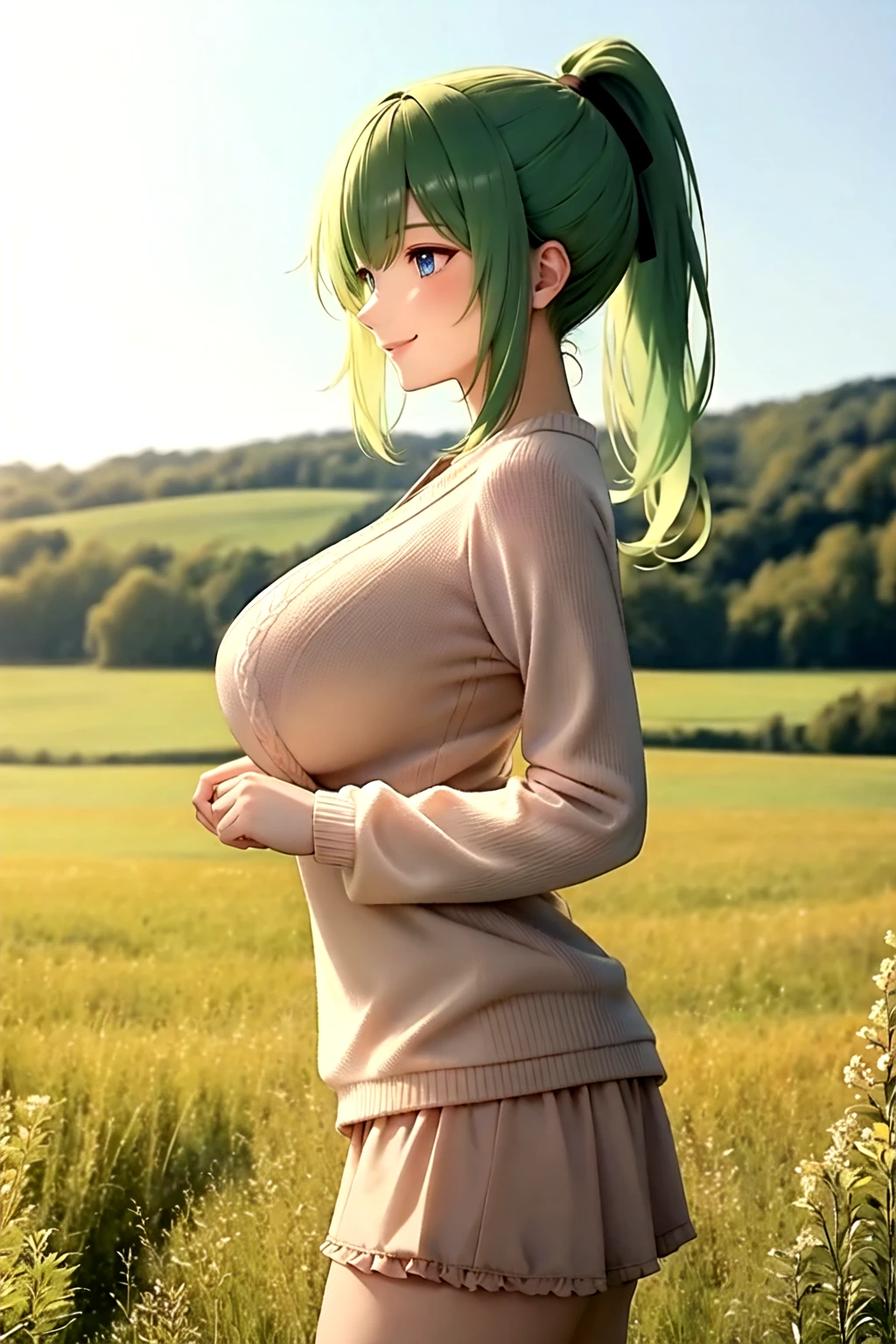 <lora:flareshorts:0.6>, (flared shorts), from side, large breasts, ponytail, green hair, blue eyes, outdoors, field, nature, sweater, smile
