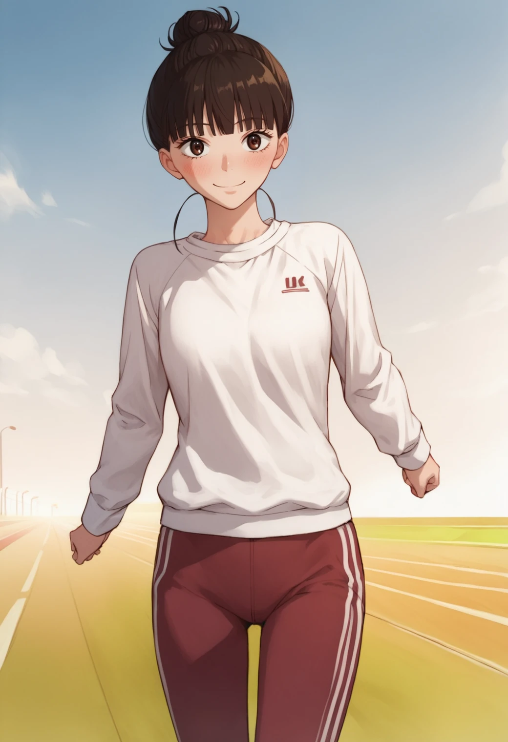 score_9, score_8_up, score_7_up, score_6_up, source_anime,rating_explecit,anime coloring, 1girl , solo, looking at viewer, cowboy shot,   <lora:KuronumaSawako:0.8> kuronuma sawako, hair bun, long sleeves, white shirt, track pants, running, outdoors, sky,