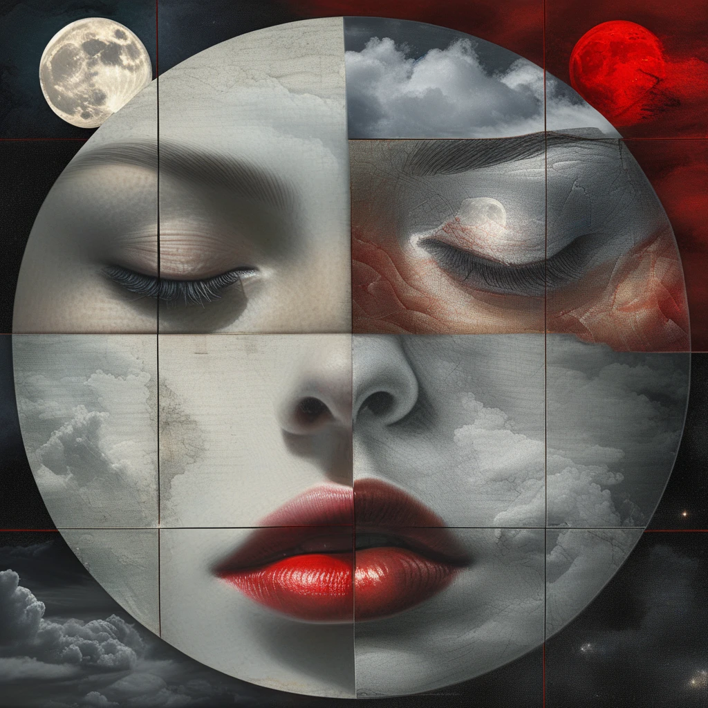 art4qd, 4 quadrants, close-up, lips, cloudy sky, red eyes, suit, night sky, full moon