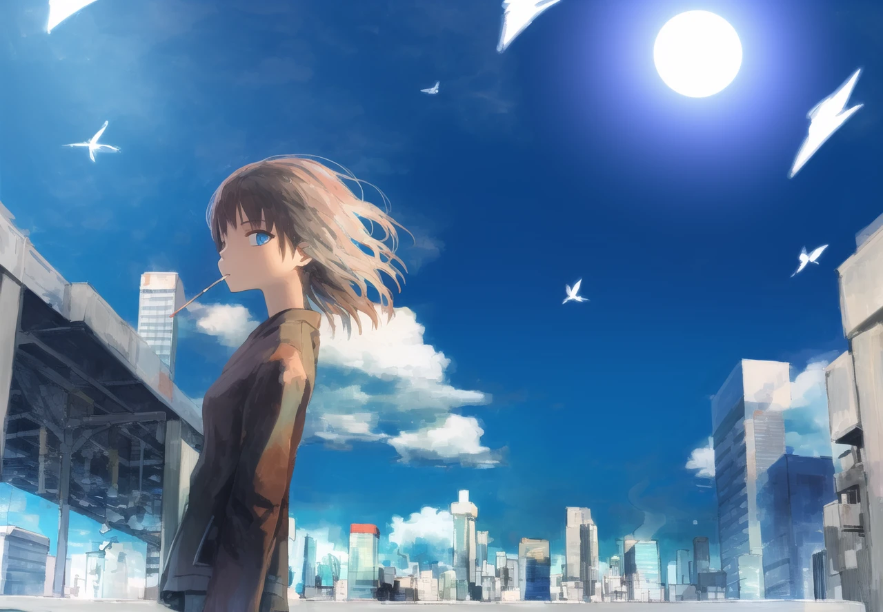 <lora:lofi85:1>,lofi,(masterpiece),(best quality),highly detailed,ultra-detailed,rooftop,solo,(1girl),(detailed eyes),expressionless,(smoking:1.2),(smoke),(fluttering clothes),(light breeze),(cityscape background),
