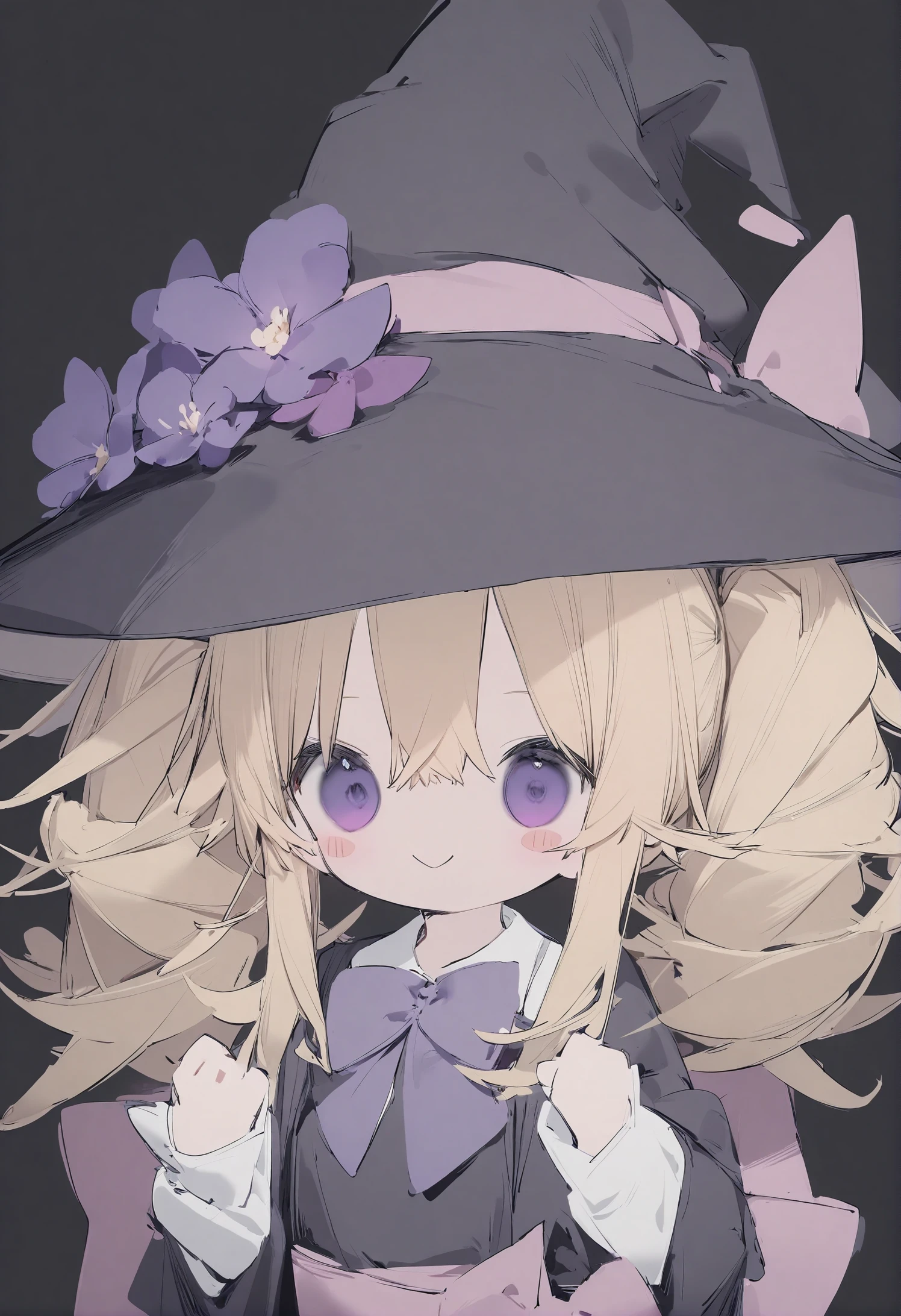 1girl,
nanmokaken,
bow, long sleeves, sash, black background, bowtie, purple flower, sidelocks, dress, blush, purple bowtie, black dress, twintails, purple bow, white shirt, :>, upper body, flower, smile, blonde hair, hands up, long hair, purple eyes, pink sash, hat bow, hat, blush stickers, shirt, witch hat, holding, solo, simple background, black hat,
masterpiece, best quality, newest, safe
<lora:nanmokaken_image36_2024-03-28_a31-000045:1>