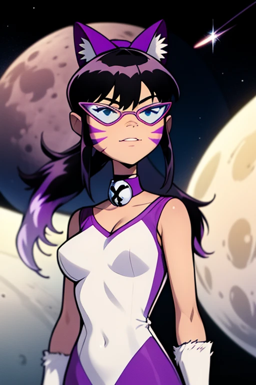 solo <lora:nyan-06:1>,nyan, cat ears, gloves, facial mark, breasts, whisker markings, purple choker, long ponytail, detailed background, lunar moon landing, in space, space background, on moon surface,