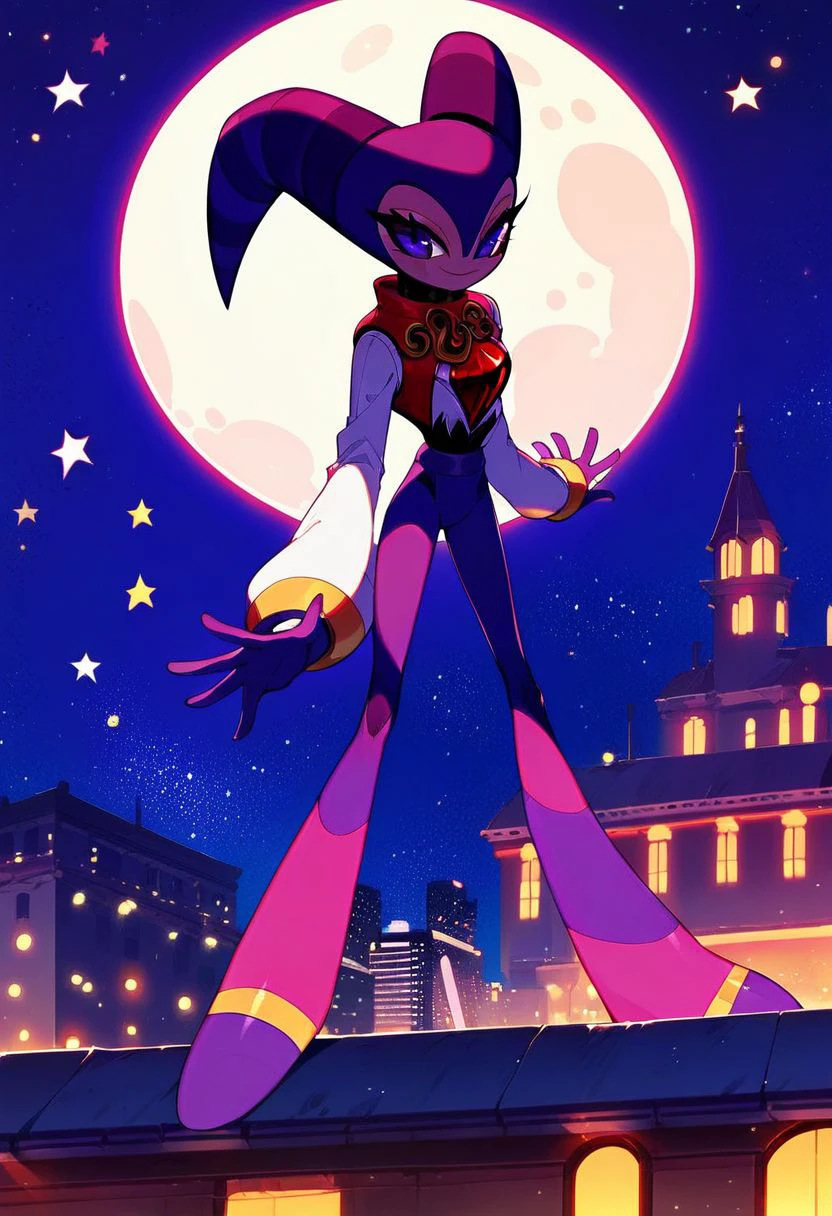 score_9, score_8_up, score_7_up, score_6_up, Nights, Jester, purple eyes, purple bodysuit, white sleeves, oval ruby on chest, 1girl, city background, rooftop, night time, moon, stars, standing on rooftop,  (high res), (beautiful quality), official art, censored,