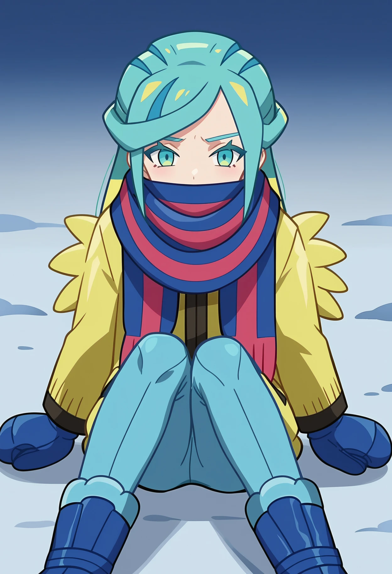 score_9, score_8_up, <lora:PokeBoyGrushaXL_Exotica:1>, long hair, aqua eyes, eyelashes, blue hair, green hair, aqua hair, multicolored hair, hair bun, otoko no ko, flat chest, solo, poke ball print, spiky yellow jacket, blue and red striped scarf, light blue pants, scarf over mouth, covered mouth, standing, blue boots, blue mittens, sitting on the ground, knees to chest, winter, anime screencap, anime coloring, source_anime