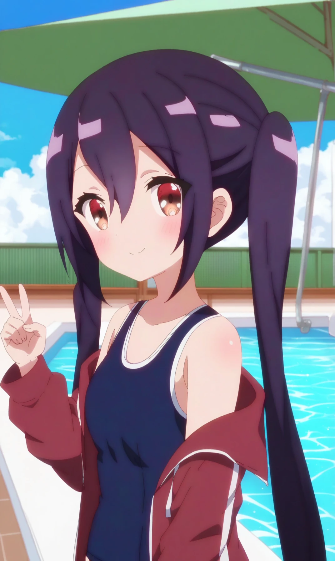 score_9, score_8_up, score_7_up, source_anime, 1girl, solo, twintails, swimsuit, v, long hair, black hair, jacket, one-piece swimsuit, school swimsuit, smile, outdoors, looking at viewer, pool, brown eyes, blush, open clothes, closed mouth, sky, blue one-piece swimsuit, umbrella, day, open jacket, poolside, track jacket, red jacket, cloud, upper body, off shoulder, hair between eyes, competition school swimsuit, breasts, small breasts, sidelocks, water, blue sky, long sleeves, swimsuit under clothes, bare shoulders, collarbone, beach umbrella, hand up, very long hair