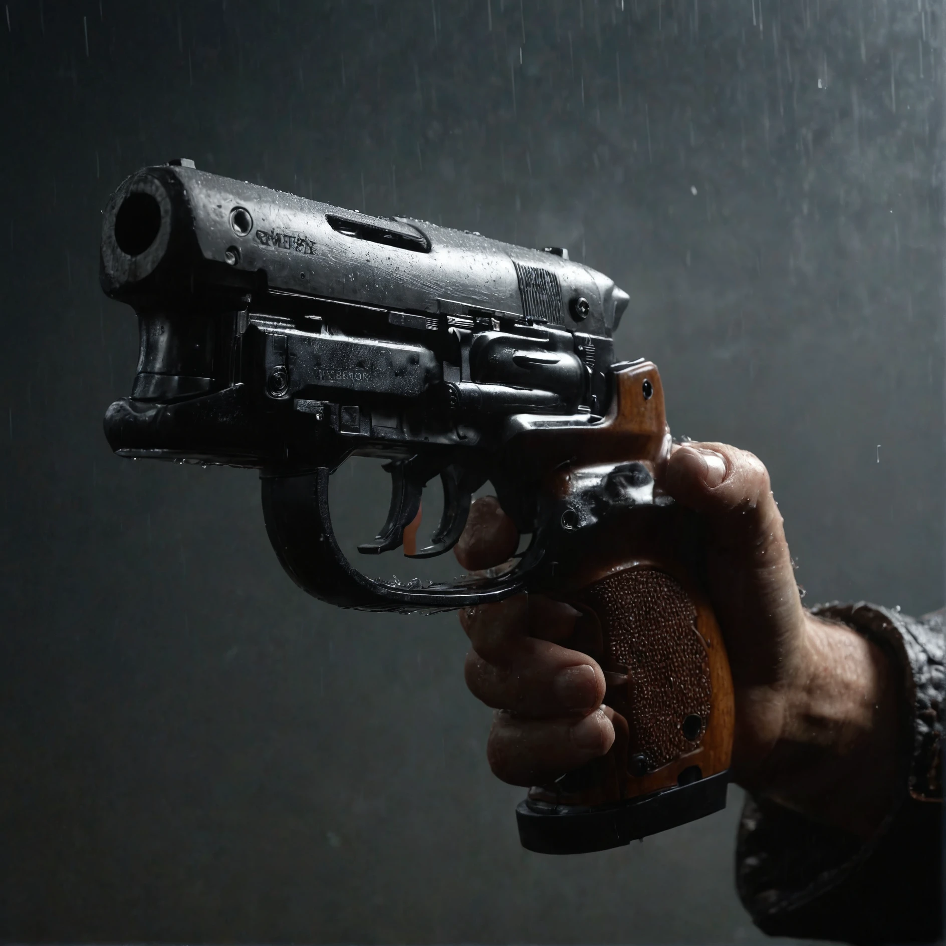 a close-up of dck hand holding a gun,raining,high resolution photo,gloomy,dimly lit
,volumetric lighting,volumetric fog,front view,cinematic,movie still,looking at viewer,volumetric lighting,rim lighting,illuminated face,realistic skin,pores,sweaty skin