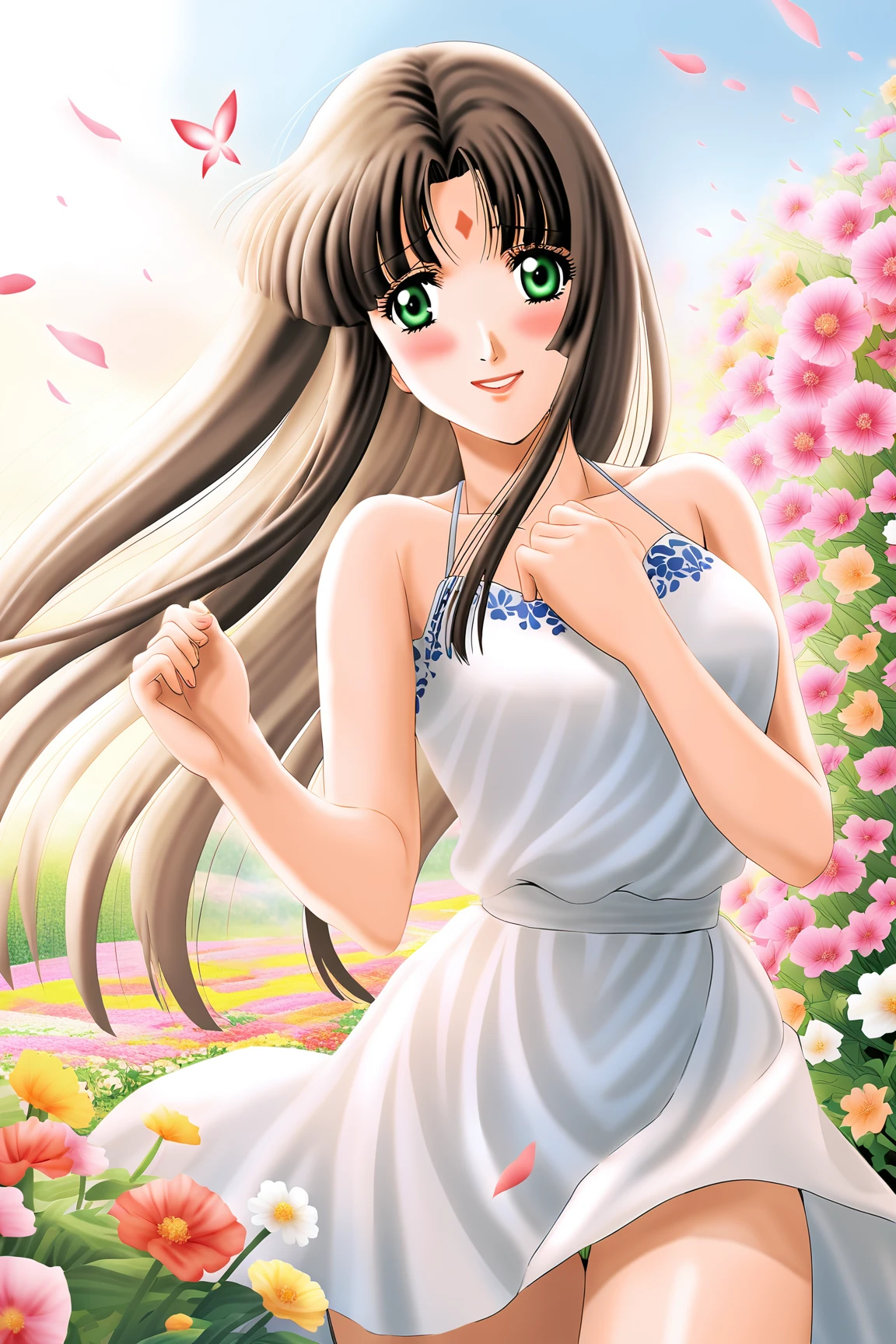 Izumi Masumi, Black Hair, Long Hair, Green Eyes, Forehead Mark, summer dress
cowboy shot, dynamic pose, 1 girl, solo, happy smile joy, blush, ashamed, shy, sexy, charming, alluring, seductive, enchanting, erotic, ((outdoors)), ((flower garden)), ((flowers)), ((many flowers)), spring petals, petals of flowers, spring, falling petals, flying butterflies<lora:EMS-395821-EMS:0.700000>