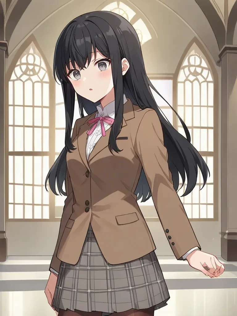 rating_safe, score_9, score_8_up, score_7_up, source_anime, 2d, anime_screencap <lora:noblerosepony:1>,
1girl, maikanoblerosegame, black hair, long hair, grey eyes, brown blazer, white shirt, pink ribbon, grey plaid skirt, brown pantyhouse, standing, indoors, mansion, parted lips, cowboy shot