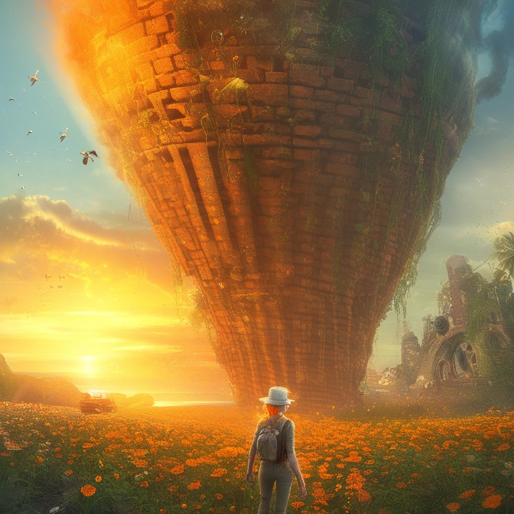 brick, boat, ruins, architecture, footprints, seagull, reflection, cigarette, outdoors, checkered legwear, snail, gears, island, horns, orange hair, hat, sunset, skull, ground vehicle, rainbow, burnt clothes, lily \(flower\), orange theme, cliff, science fiction, halo, cover