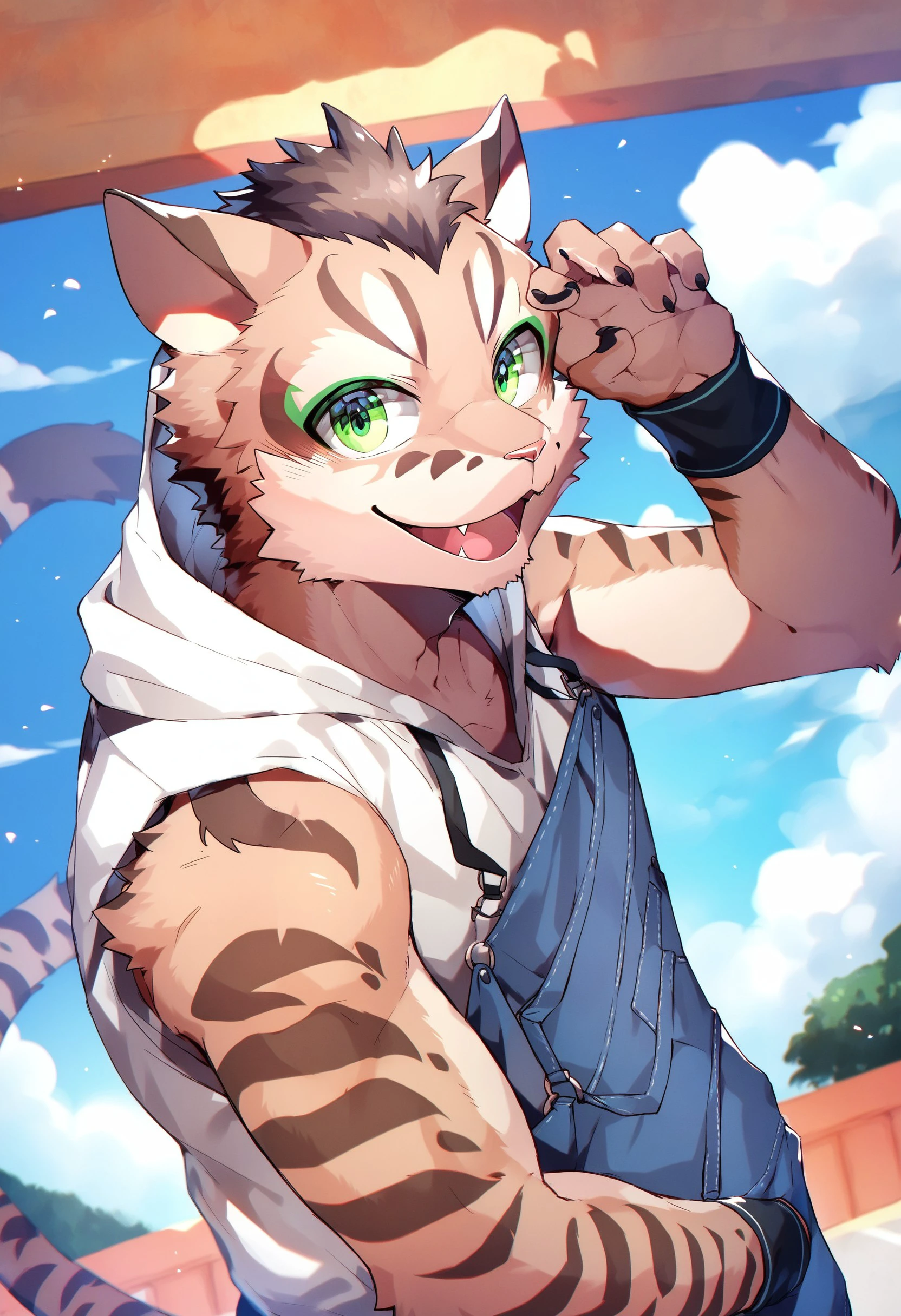 score_9,score_8_up,score_7_up,shu_chi, 1boy, male focus, green eyes, furry, furry male, solo, tail, animal ears, looking at viewer, white hoodie, hood, sky, hoodie, sleeveless hoodie, smile, blue sky, fangs, open mouth, wristband, upper body, cat boy, cat ears, overalls, outdoors, cloud, day, cat tail ,<lora:Linhu&Shuchi_PonyXL:1>