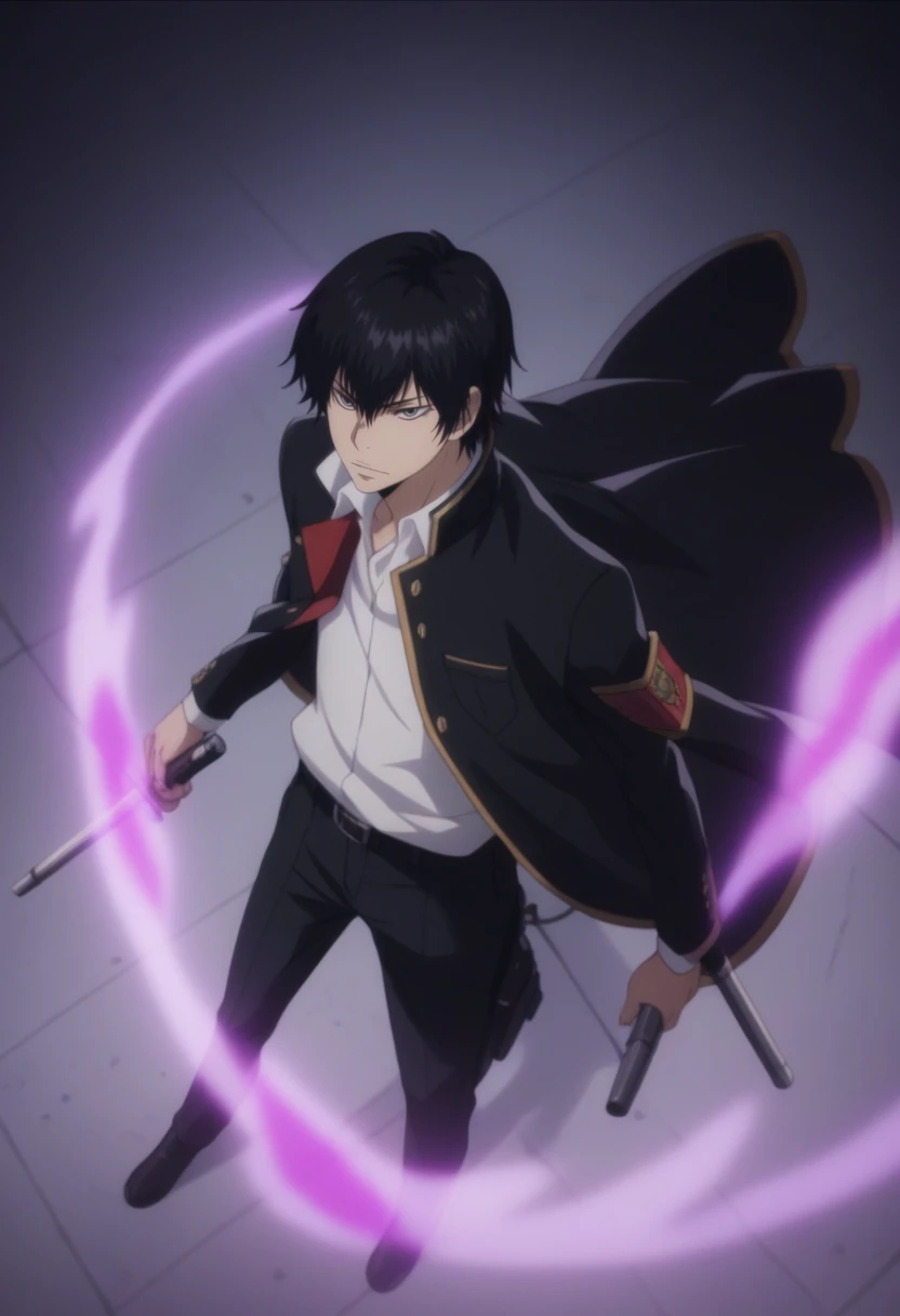 score_9, score_8_up, score_7_up, score_6_up, highly detailed, masterpiece, best quality,detailed,intricate details, amazing quality, best aesthetic, absurdres,kyoya hibari, black hair, gray eyes, 1boy, male focus, solo, weapon, cape, , ring, school uniform  purple flames<lora:EMS-391465-EMS:1.000000>