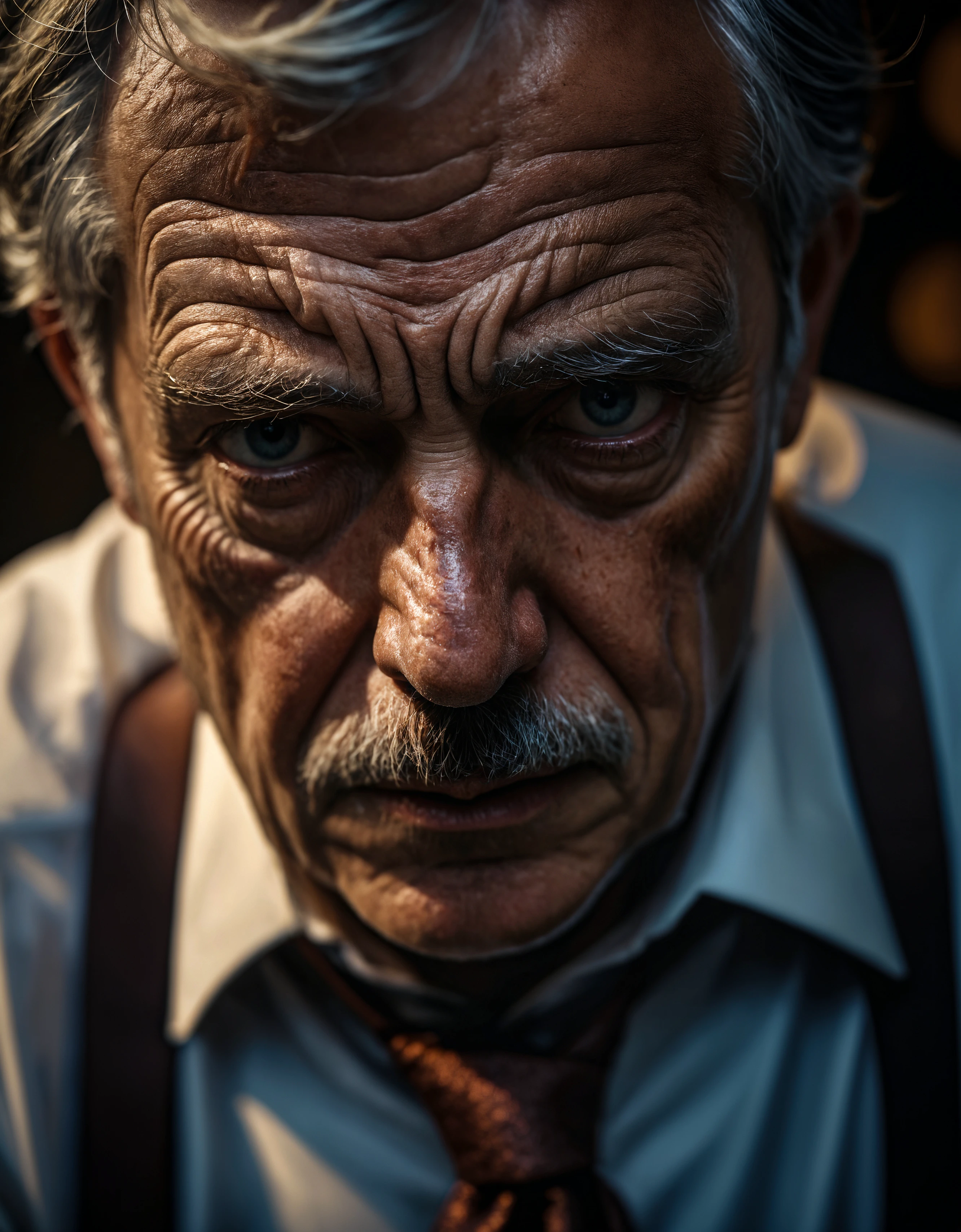 glamour portrait shot (from above:0.5) of sophisticated business man in sophisticated clothes, ((overwhelming fatigue)), old man, wrinkles of age, photorealistic, moody colors, gritty, masterpiece, best quality, (intricate details), eldritch, glow, glowing eyes, (volumetric lighting), unique pose, dynamic pose, dutch angle, 35mm, anamorphic, lightroom, cinematography, film grain, HDR10, 8k hdr, Steve McCurry, ((cinematic)), RAW, color graded portra 400 film, remarkable color, raytracing, subsurface scattering, hyperrealistic, extreme skin details, skin pores, deep shadows, contrast, dark theme,