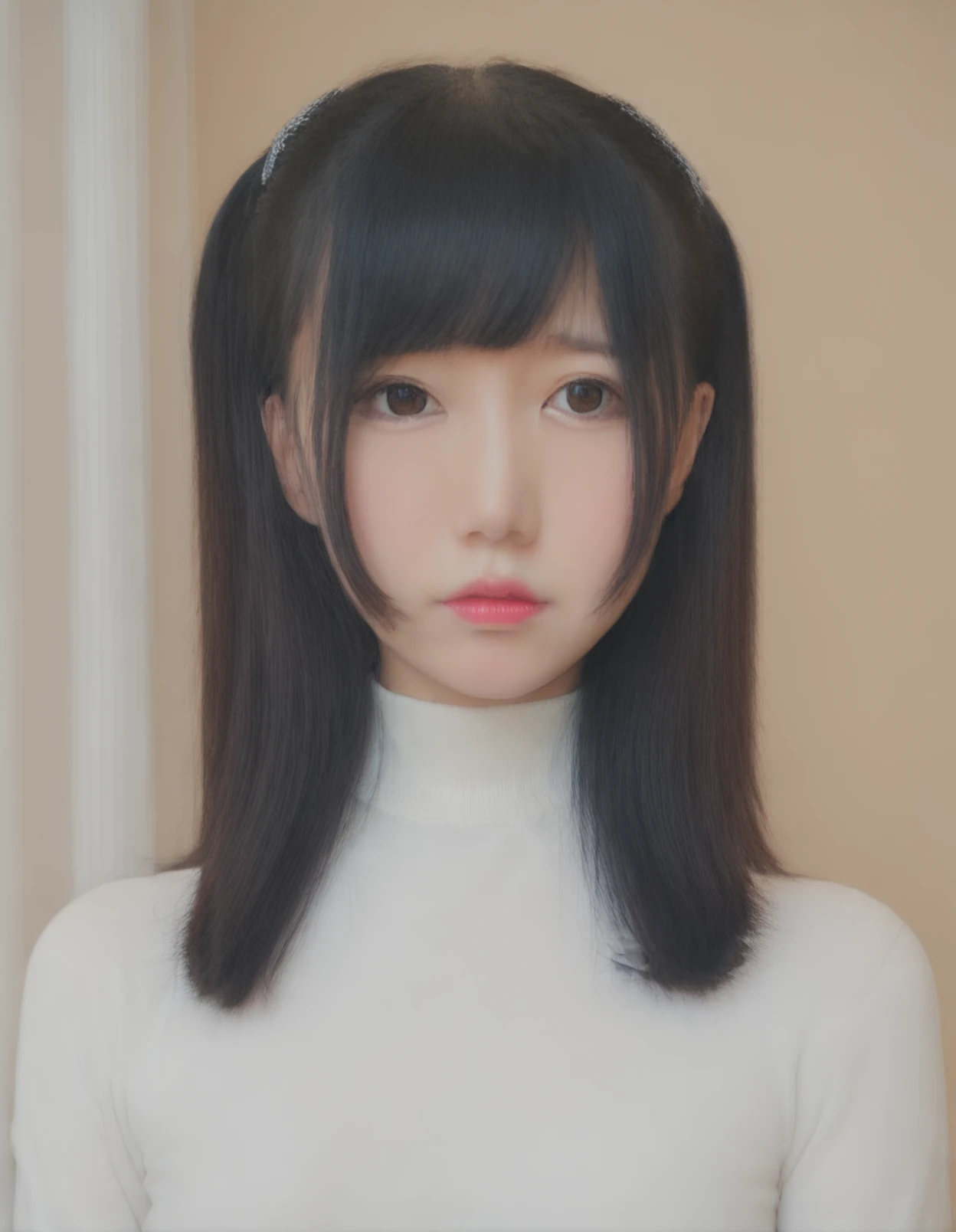 asian, (close-up:2), (natural lighting),wavy hair, forehead, (dark brown eyes),(from side), (downward slanting eyes),pouty,
(white sweater),(dyanmic posing)
(see-through curtain, bright room) ,<lora:NAGESA_xl:0.8>