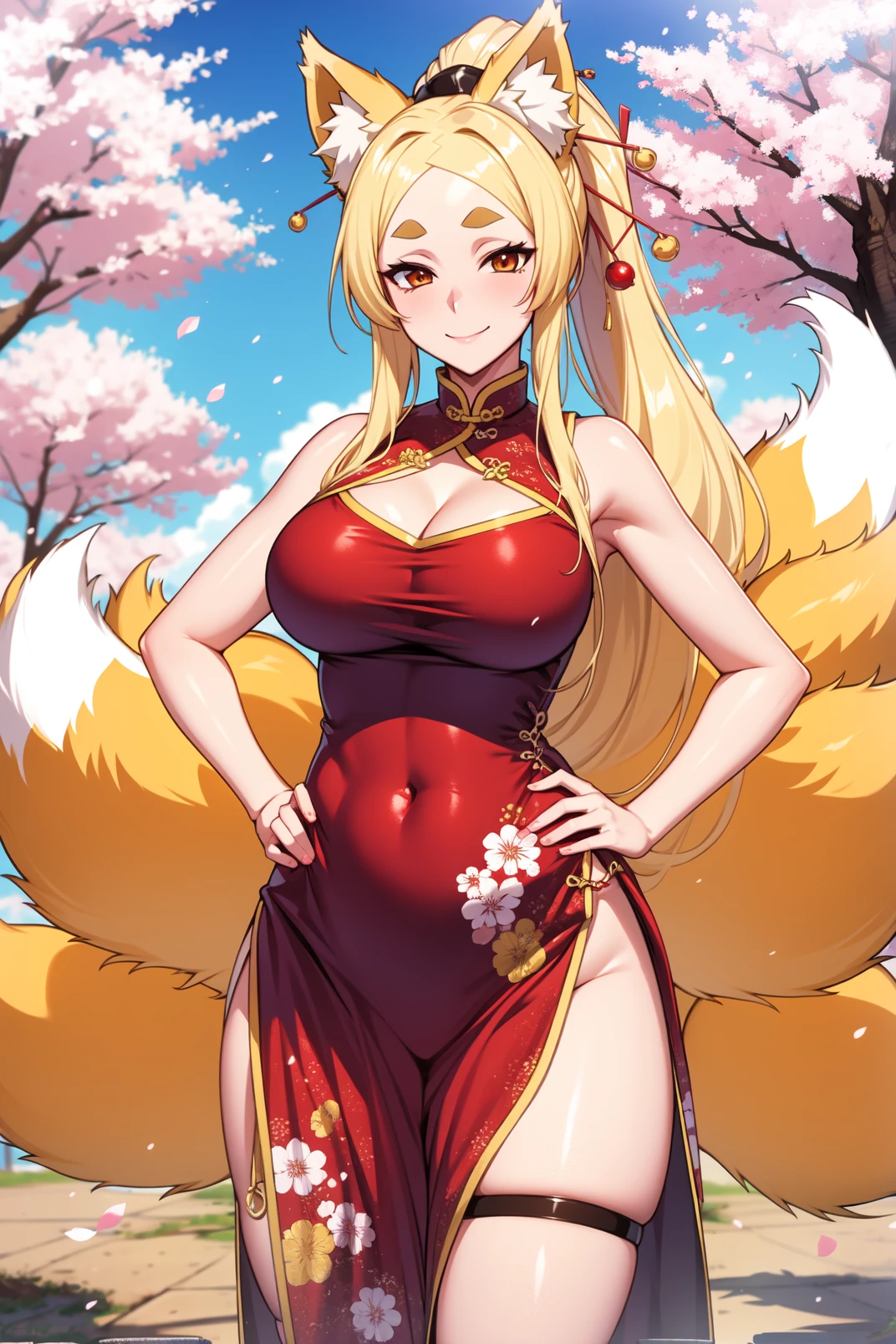 solo, masterpiece, best quality, outdoors, street, cherry blossoms, cowboy shot, standing, smile, closed mouth, yasaka, orange eyes, thick eyebrow, blonde hair, very long hair, parted bangs, ponytail, fox ears, fox tail, multiple tails, hair ornament, hair stick,china dress, red dress, sleeveless, clothing cutout, pelvic curtain, hand on hip 