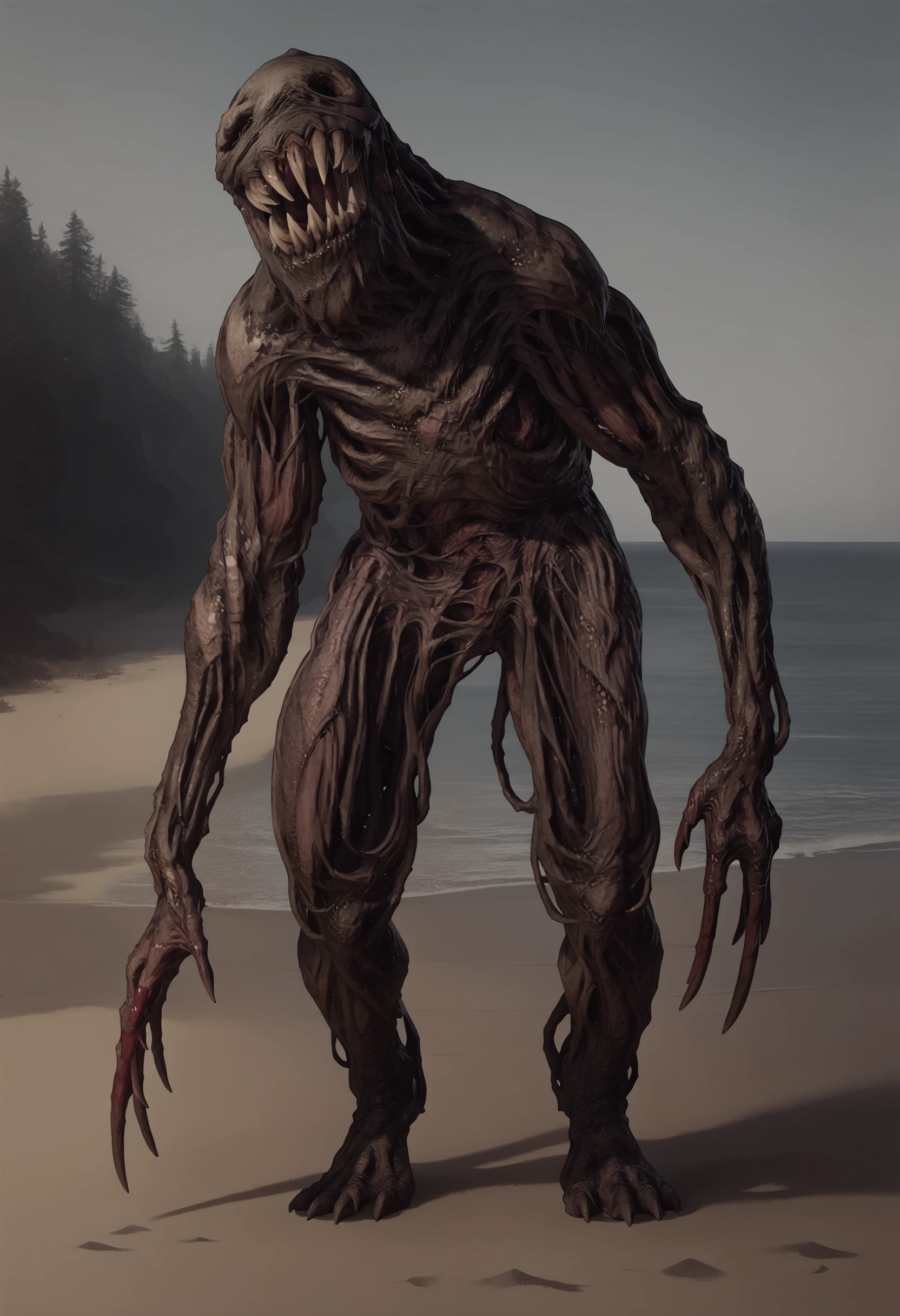 score_9, score_8_up, score_7_up, score_6_up, score_5_up, score_4_up, monster, <lora:Molded:0.85> solo, no humans, claws, teeth, horror (theme), full body, 
beach background,