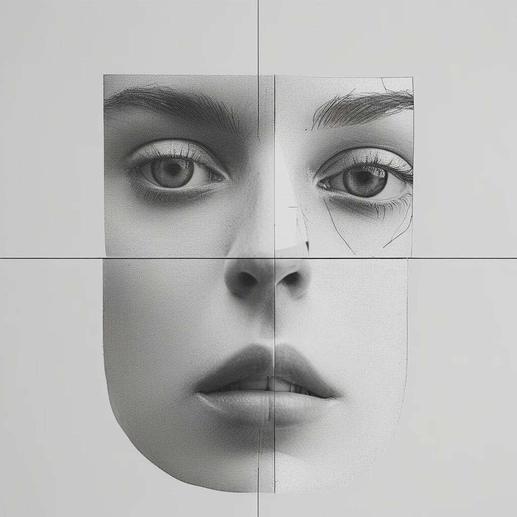 a black and white photo of a woman's face with lines in the background , glitch art