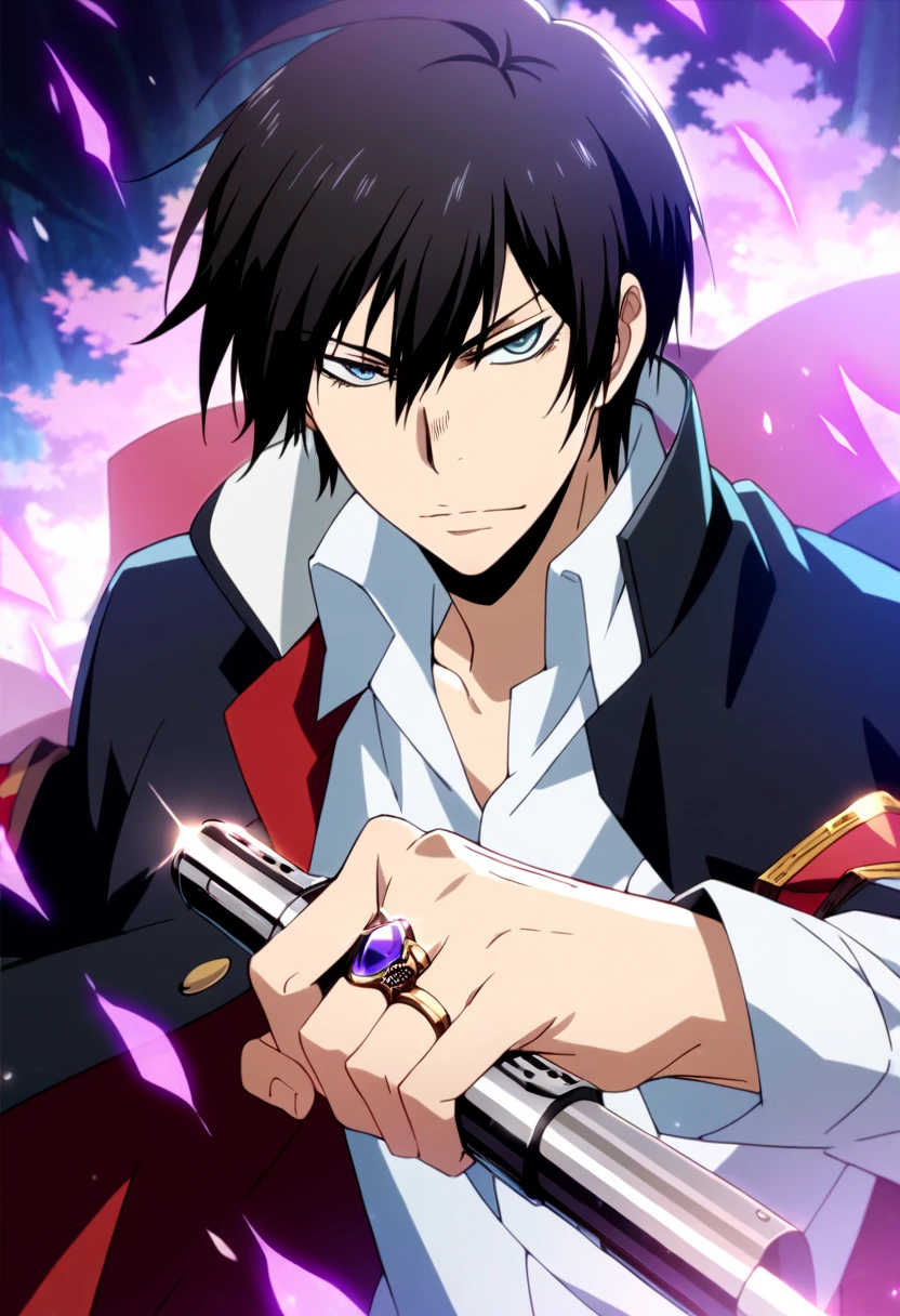 score_9, score_8_up, score_7_up, score_6_up, highly detailed, masterpiece, best quality,detailed,intricate details, amazing quality, best aesthetic, absurdres,kyoya hibari, black hair, gray eyes, 1boy, male focus, solo, weapon, cape, , ring, school uniform  purple flames<lora:EMS-391465-EMS:1.000000>