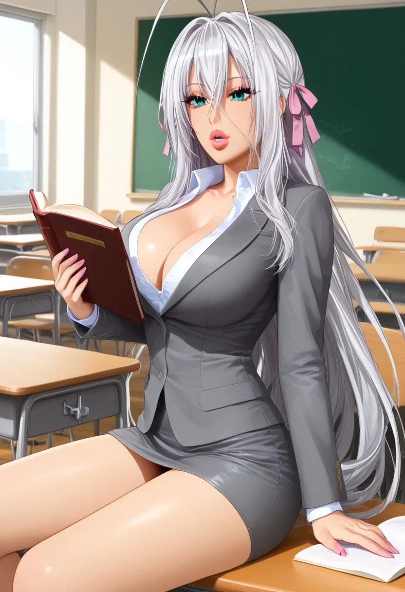 Masterpiece, best quality, high quality, highres, 4k, detailed face, Expressiveh, rossweisse, silver hair, long hair, antenna hair, aqua eyes, pink ribbons, large breast, parted lips, shiny lips, lipgloss, gyaru, bmbplora, long eyelashes, teacher, grey suit, classroom, cowboy shot, from side, sitting on desk, solo, holding books,