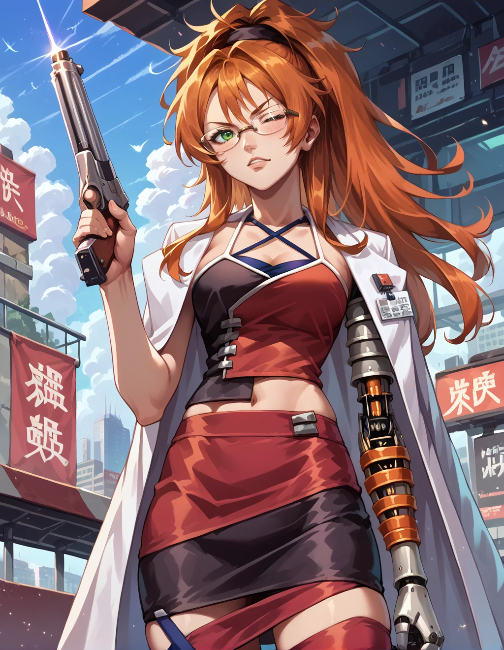 score_9, score_8_up, score_7_up, source_anime, 1girl, <lora:Shalua_Rui_-_Final_Fantasy_VII:1>, shalua, mechanical left arm, glasses, one eye closed, green eyes, orange hair, skirt, criss-cross halter, holding a gun,