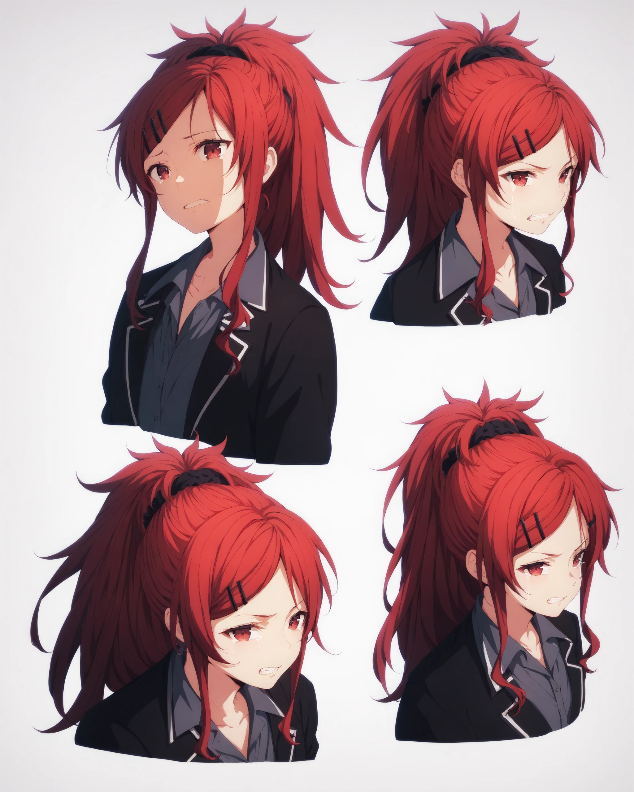 score_9, source_anime, score_8_up, score_7_up, character sheet, sensitive, 1girl, long hair, looking at viewer, smile, open mouth, simple background, shirt, hair ornament, white background, red eyes, bow, ribbon, closed mouth, brown eyes, jacket, school uniform, collarbone, upper body, closed eyes, ponytail, red hair, parted lips, teeth, hairclip, tears, black jacket, v-shaped eyebrows, multiple views, profile, frown, scrunchie, crying, blazer, clenched teeth, angry, hair scrunchie, reference sheet, sad, expressions <lora:character_sheet:0.8>