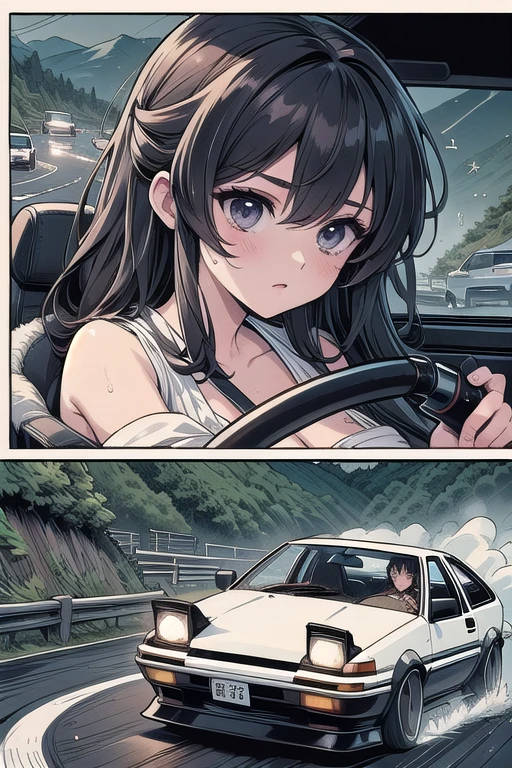 (((masterpiece))), (((best quality))), (((drifting style))), ((silent comic)), ((japan manga)), motion lines, motion blur, speed, driving, sports car, holding steering wheel, seatbelt, sweat, ruthless, reflection, wet, dust, wind, cliff, night, slope, uphill, downhill, AE 86, Initial D, mountain road, starry sky, solo, 1girl, serious, cleavage, big tits, slim figure, <lora:50pics_driftingstyle:0.9>