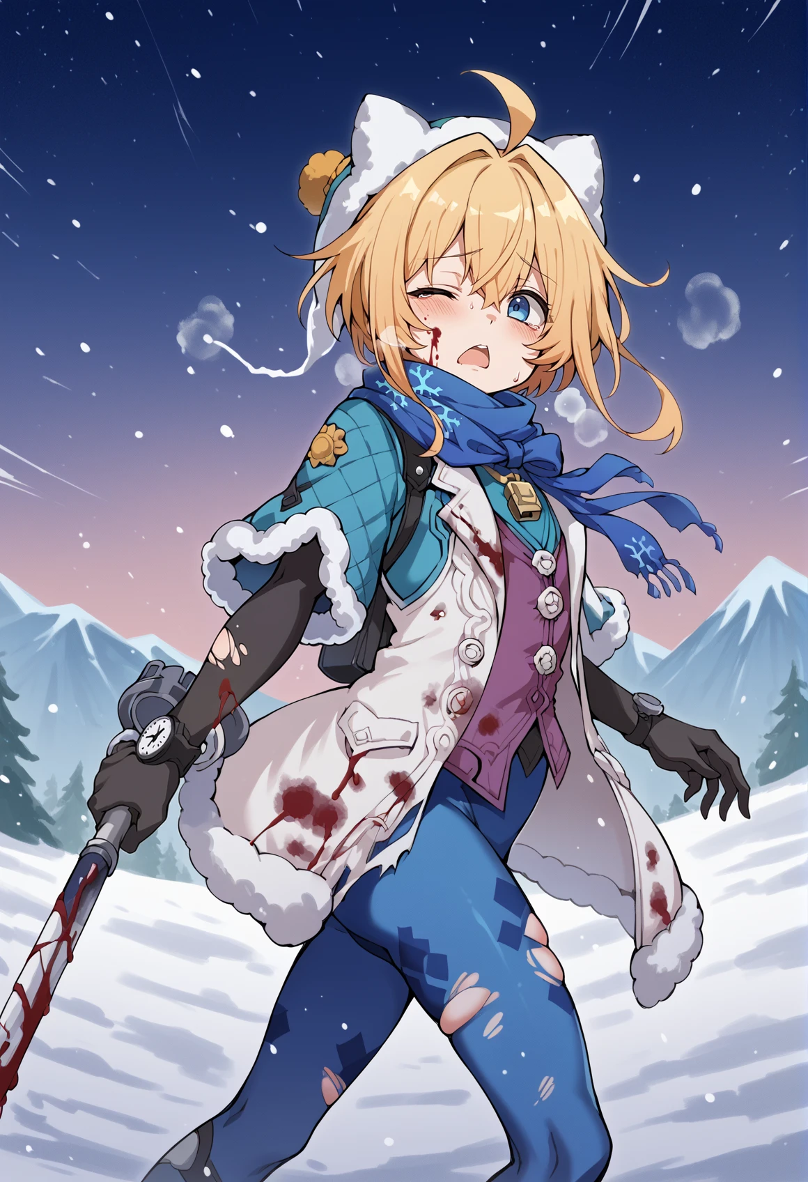 1girl, solo, blonde hair, short hair, ahoge, blue eyes, fur-trimmed capelet, scarf, winter clothes, sweater, fur trim, white vest, blue pantyhose, wristwatch, black elbow gloves, long sleeves, hat, pendant, whistle, snowflake print, thigh_holster, torn clothes, open clothes, blood, sad, open mouth, blood stains, damaged, battle damage, wink, heavy breathing, ((holding weapon, pickaxe)), pain, sweat, snow, snow storm, mountain, night, night sky, darness, dark, wind, dynamic pose, walking,   <lora:Lynx_Landau_XL:1> <lora:senbei_avocadochaya_XL:1>, score_9, score_8_up, score_7_up, score_6_up, score_5_up, score_4_up, BREAK source_anime, masterpiece