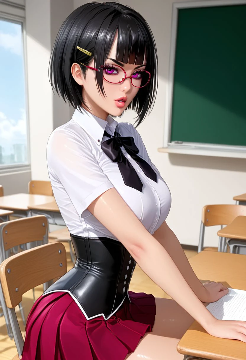 Masterpiece, best quality, high quality, highres, 4k, detailed face, Expressiveh, sonasitri, short hair, bangs, black hair, hair ornament, purple eyes, glasses, hairclip, blunt bangs, hair intakes medium breast, parted lips, shiny lips, lipgloss, gyaru, bmbplora, long eyelashes, kuohacademy, school uniform, black capelet, white shirt, black ribbon, neck ribbon, short sleeves, corset, red skirt, pleated skirt, classroom, cowboy shot, from side, sitting on desk, solo,