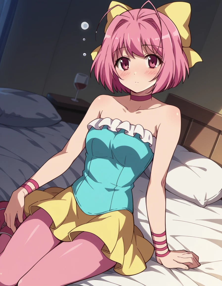 score_9, score_8_up, score_7_up, source_anime,
kanonnakagawa, <lora:kanon-nakagawa-s1s2-ponyxl-lora-nochekaiser:1>,
kanon nakagawa, short hair, pink hair, hair bow, pink eyes, antenna hair,
skirt, pantyhose, boots, choker, idol, pink pantyhose, frills, yellow skirt, frilled skirt, sleeveless, bare shoulders, collarbone, dress, blue dress, strapless, strapless dress,
indoors, bed, bed room, on side, blush, drunk,
looking at viewer, cowboy shot, solo, dutch angle,