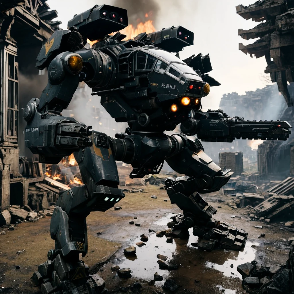 <lora:mecha:1>, photograph, highly detailed, mecha, robot, black skin, day, glass windsheild, outdoors, ruins, battle, size difference, cold light, burning, firing