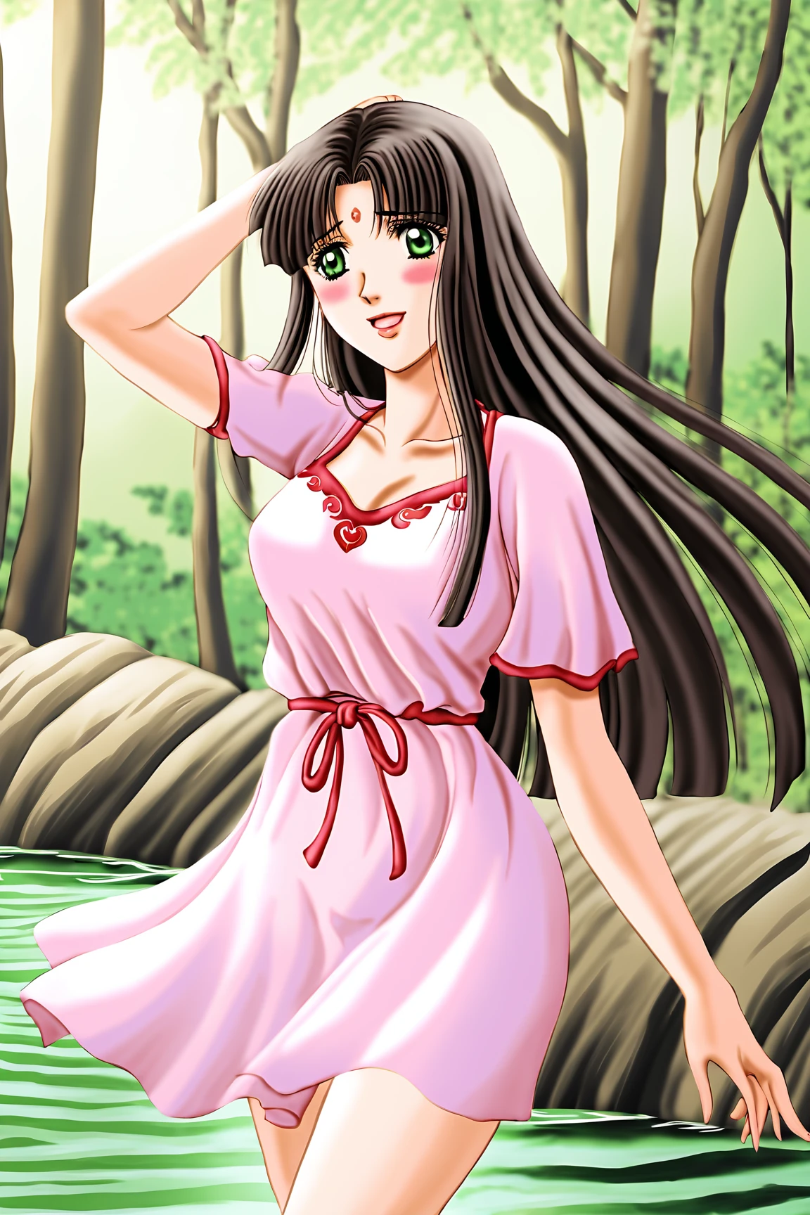 Izumi Masumi, Black Hair, Long Hair, Green Eyes, Forehead Mark, summer dress, in forest, near river,
cowboy shot, dynamic pose, 1 girl, solo, happy smile joy, blush, ashamed, shy, sexy, charming, alluring, seductive, enchanting, erotic, 
<lora:EMS-395821-EMS:0.700000>