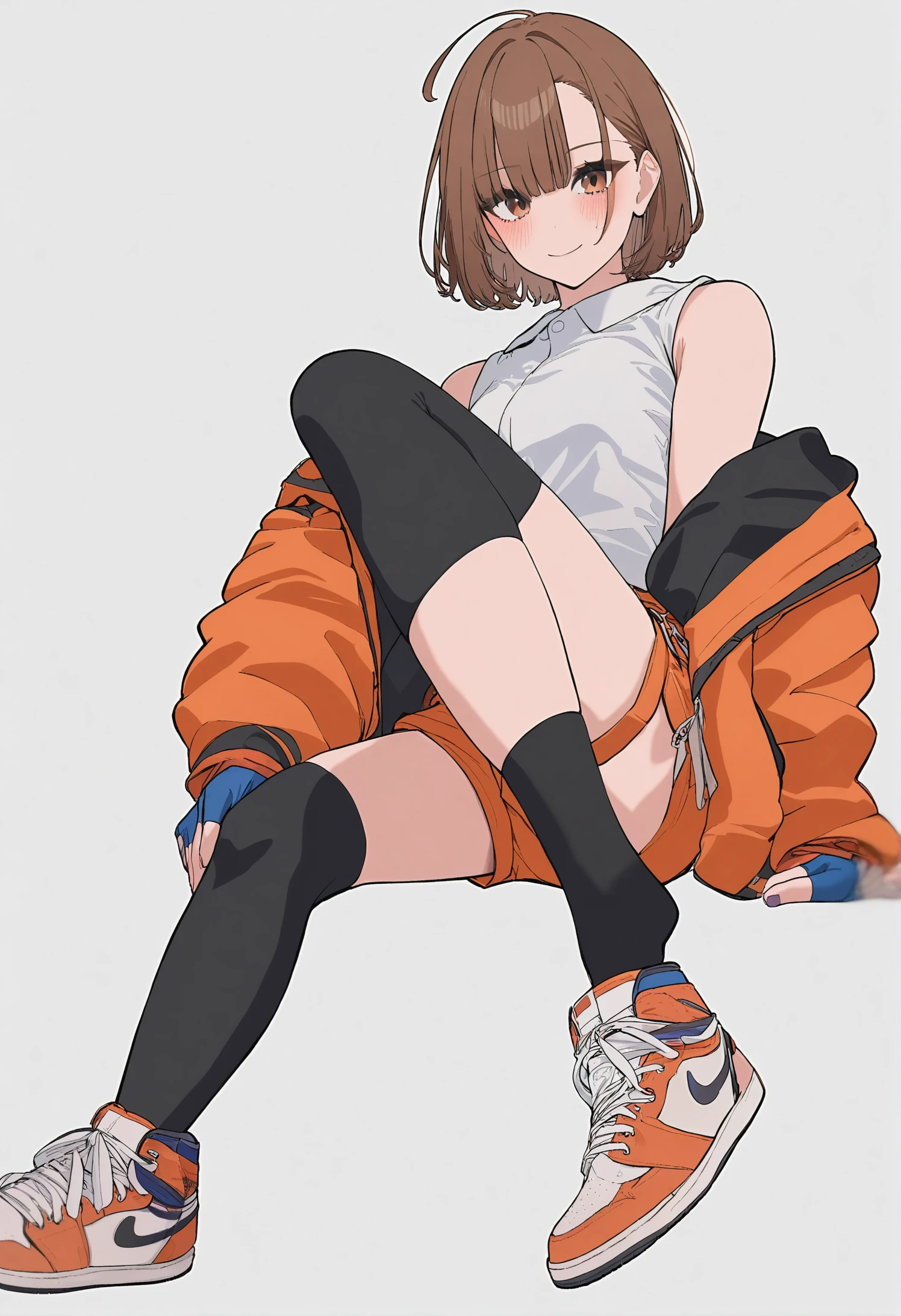 ((masterpiece)), (1 girl:2.0), (face extremely detailed, smiling), short haircut, brown hair, petite, (thin build), (a Japanese girl), ((Member of track and field team, long distance runner)), slightly round face, (tanned brown face:1.6), cute, big eyes, navy blue jersey with long sleeves, ((over-the-knee wear:1.2)), (muscular and thin thighs), (small breast)