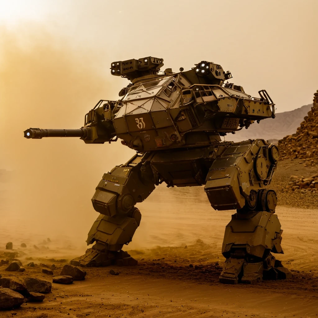 <lora:mecha:1>, mecha, robot, Nikon d850, Depth of field 270mm, photograph, highly detailed, brown skin, damaged, night, glass windsheild, outdoors, desert, smoke, dust, rock, battle, military vehicle, tank, size difference, cold light, burning, firing, arm cannon