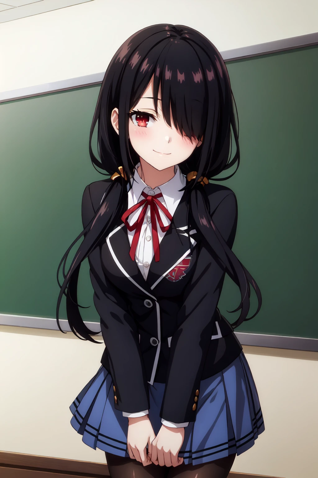 KurumiTokisaki, 4k, absurd, high resolution, very high resolution, high definition, masterpiece, 1girl, solo, long hair, looking at viewer, blush, smile, skirt, shirt, black hair, red eyes, long sleeves, ribbon, twintails, medium breasts, very long hair, closed mouth, school uniform, standing, jacket, white shirt, pantyhose, cowboy shot, pleated skirt, collared shirt, indoors, miniskirt, hair over one eye, red ribbon, blue skirt, black jacket, black pantyhose, dress shirt, neck ribbon, leaning forward, buttons, low twintails, blazer, chalkboard<lora:EMS-395931-EMS:0.800000>