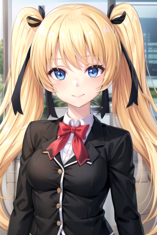 ((masterpiece)),(best quality),official art,extremely delicate and beautiful,extremely detailed CG,unity 8k wallpaper,ultra detailed,beautiful detailed eyes,extremely detailed face,outdoors,1girl,solo,upper body,(portrait:1.5),looking at viewer,facing viewer,smile,Kamizono Akari,very long hair,blonde hair,twintails,hair ribbon,black ribbon,bangs,blue eyes,school uniform,black jacket,red bowtie,collared shirt,white shirt,long sleeves,medium breasts,skindentation,miniskirt,black skirt,pleated skirt,black socks,loafers,<lora:Kamizono Akari(icd):0.8>,