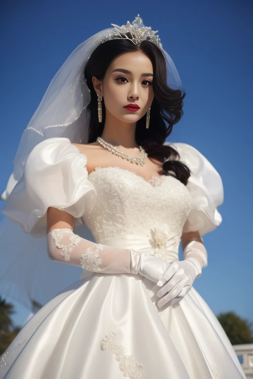 ltra-detailed,highly detailed,best quality,masterpiece,illustration,realistic,photorealistic,
qqhunsha, 
1girl, solo, bride, 
wedding dress, bridal veil, puffy short sleeves, frilled dress, 
jewelry, necklace, earrings, gloves, tiara,
long hair, 
looking at viewer, cowboy shot, 
flower, blue sky, sky, simple background, day,
<lora:qqhunsha_v1_04:0.9>