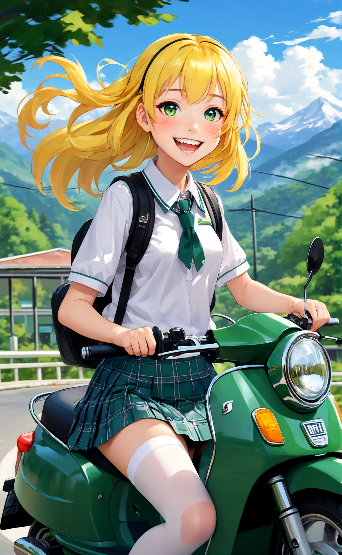 Anime girl rides a moped hands on the steering wheel, yellow hair, blue eyes, school uniform, green mini skirt, white stockings, big smile, teeth, wind, complex outdoor background, painting, masterpiece, flat colors, bold contour lines, full frame, aesthetic,