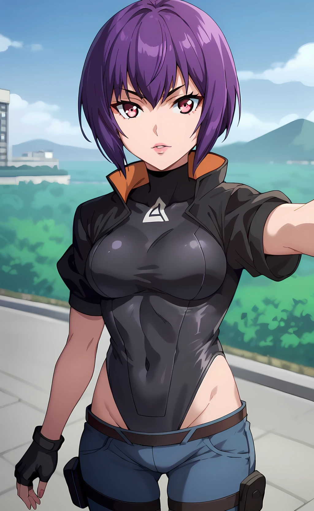 score_9, score_8_up, score_7_up, <lora:motoko_2045:1>, motoko2045xl, purple hair, short hair, lips, cyborg, pink eyes, medium breasts, cropped jacket, black jacket, collared jacket,short sleeves, fingerless gloves, black gloves, black leotard, highleg leotard, hip vent, blue pants, belt, kusanagi motoko. pov, selfie, tokyo \(city\), shibuya \(tokyo\), outdoors, <lora:Fine_Anime_Screencap-PonyV2:0.8> fine anime screencap_xl, anime screencap