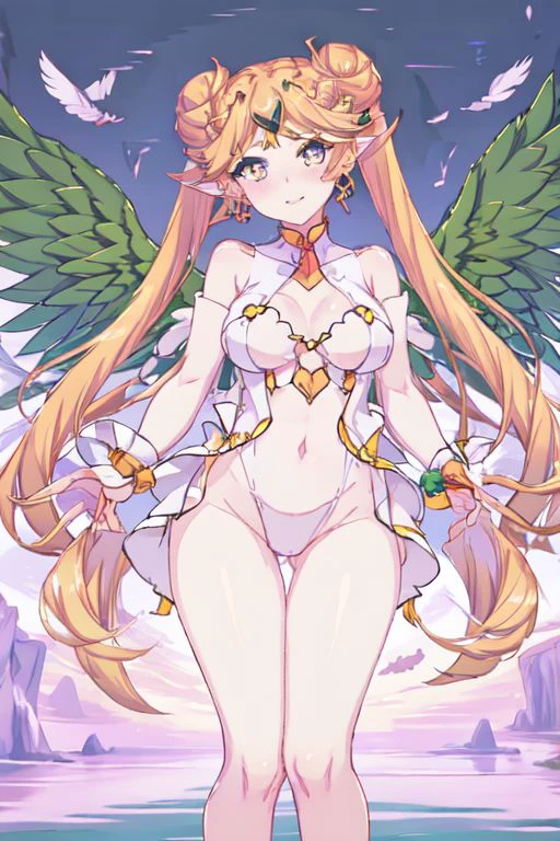 Qpiddycrushcrush, 1girl, solo, blonde hair, earrings, double bun, long hair, feathered wings, pointy ears, twintails, symbol-shaped pupils, feathers, thick thighs, basic background,