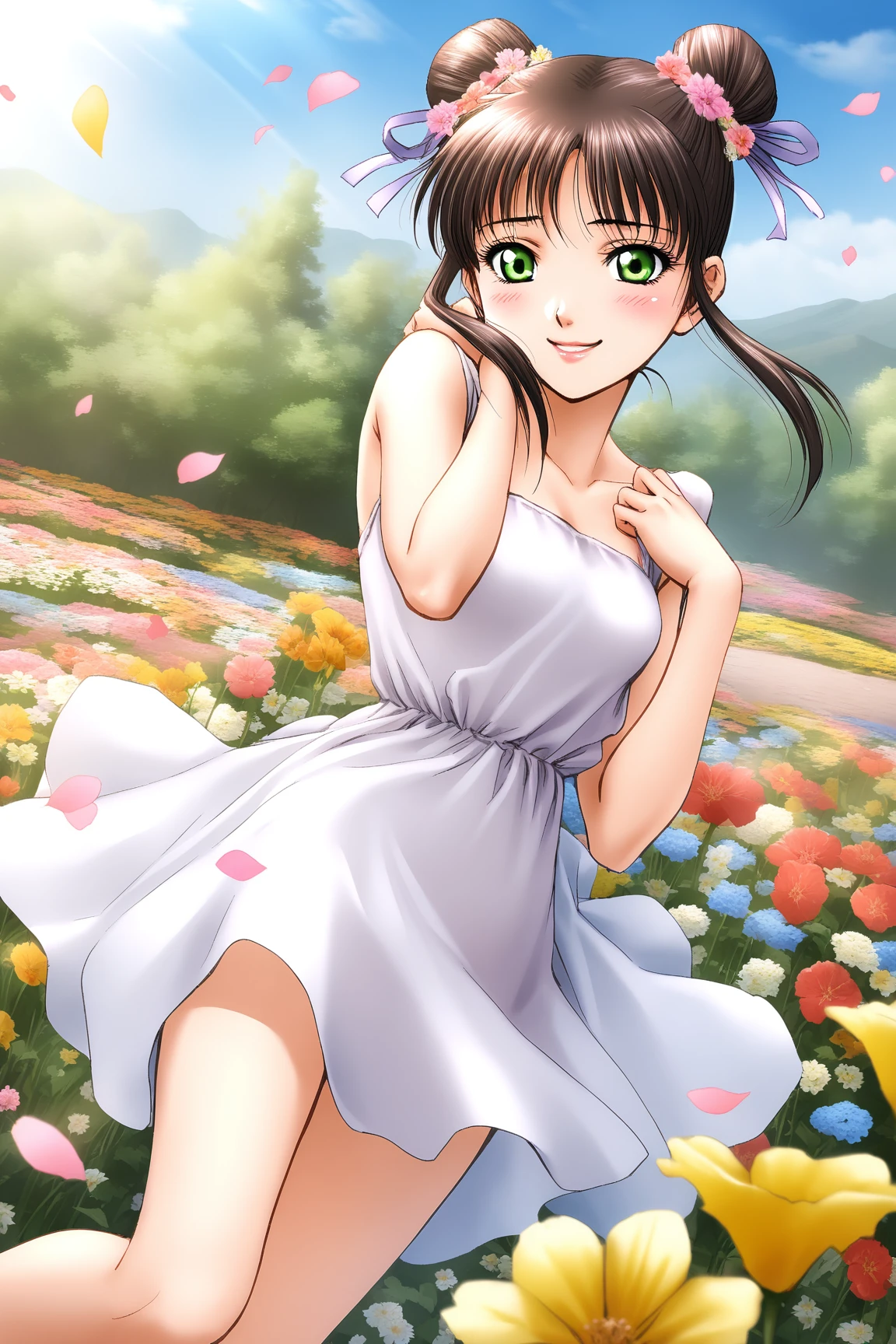 Renfa, Black Hair, Long Hair, Green Eyes, Two Braids, Two Hair Buns, summer dress
cowboy shot, dynamic pose, 1 girl, solo, happy smile joy, blush, ashamed, shy, sexy, charming, alluring, seductive, enchanting, erotic, ((outdoors)), ((flower garden)), ((flowers)), ((many flowers)), spring petals, petals of flowers, spring, falling petals, flying butterflies<lora:EMS-395785-EMS:0.700000>