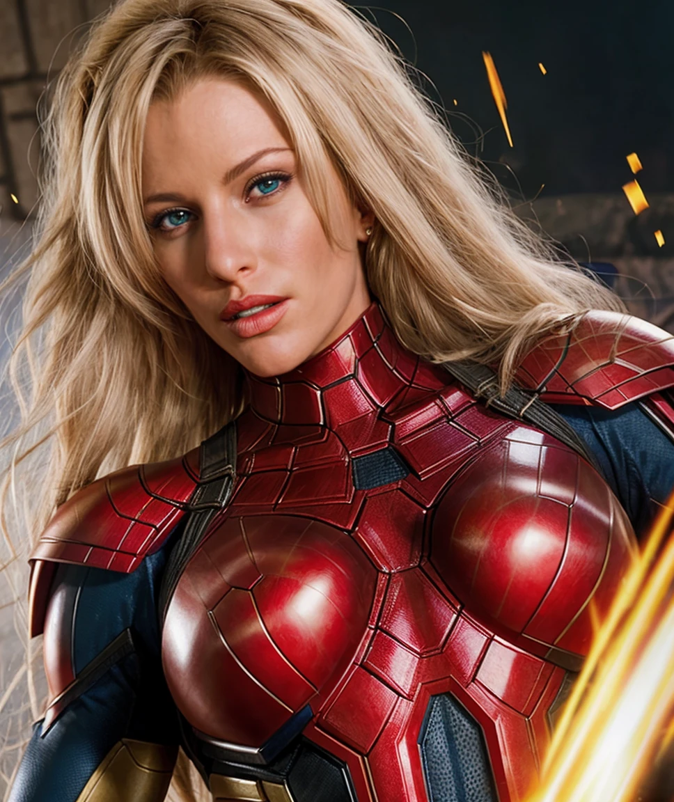 Marvel Cinematic Universe  , award winning photo,  <lora:quiron_JrCarrington_v8230_Lora:0.87> jrCarringtonQuiron woman, 1girl, blonde hair, realistic, long hair,  . Superheroes, epic battles, colorful, highly detailed