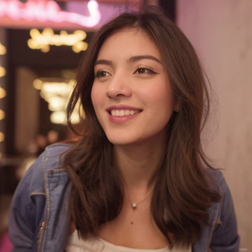 (realistic), photo ofAngela_5 at night bus stop wearing open jacket white top and black jeans, camgirl weaving through crowded streets and dark alleyways, close up, near restaurant, Detailed clothes, subsurface scattering, amazing fine detail, Nikon D850 film stock photograph Kodak Portra 400 camera f1.6 lens, rich colors, lifelike texture, dramatic lighting, urban environment, skyscrapers, neon signs, street vendors<lora:Angela_5:0.6> angela_5, camgirl, nerdy, long hair, brown eyes, jewelry, smile, long hair, brown hair, lips, mole, dating, sexy blue dress