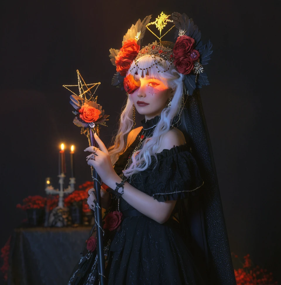 A crow stands on the woman's shoulder,gothic girl,1girl,red flower,solo,flower,dress,ring,black dress,jewelry,red rose,candle,rose,glowing,long hair,holding,veil,hat,white hair,wand,hair ornament,hair flower,off-shoulder dress,looking at viewer,off shoulder,glowing eyes,facial mark,nail polish,exquisite makeup,gothic-style clothing,the refracted sunlight shines on the face and hands,the refracted sunlight shines on the face,frontal view,rose scepter,side view,<lora:ä¹é¸¦å°å¥³-000004:0.4>,kind_smile,(path),nature,sea,