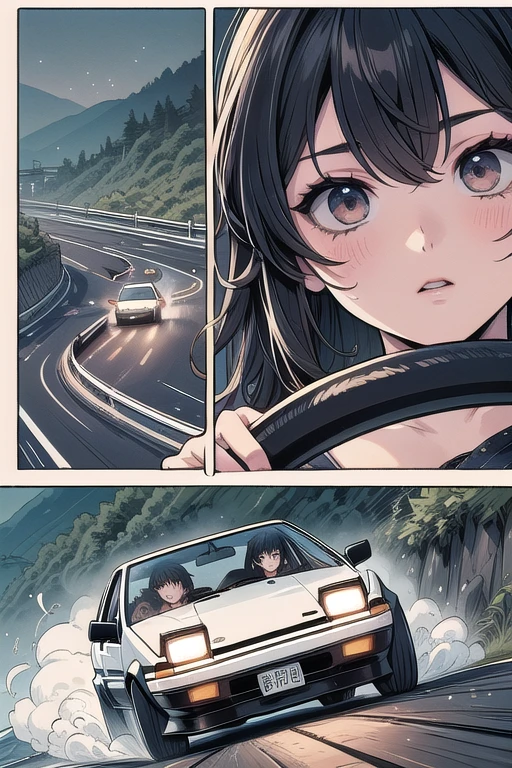 (((masterpiece))), (((best quality))), (((from below))), (((drifting style))), ((silent comic)), ((japan manga)), motion lines, motion blur, speed, driving, sports car, holding steering wheel, seatbelt, sweat, ruthless, reflection, wet, dust, wind, cliff, night, slope, uphill, downhill, AE 86, Initial D, mountain road, starry sky, solo, 1girl, serious, cleavage, big tits, slim figure, <lora:50pics_driftingstyle:0.9>